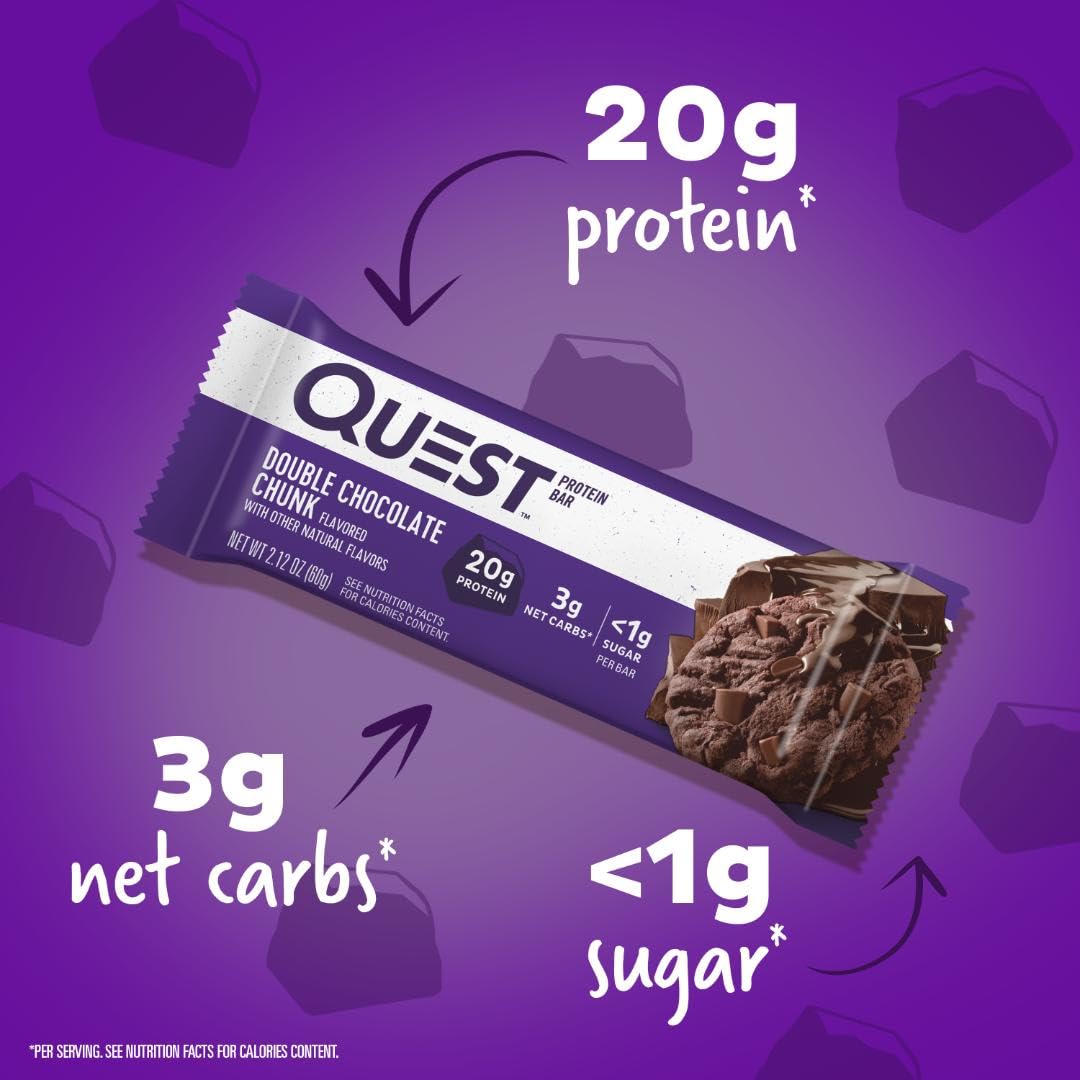 Quest Nutrition Double Chocolate Chunk Protein Bars, 20g Protein Bars, 1g Sugar, 4g Net Carb, Gluten Free, Keto Friendly, 12 Count
