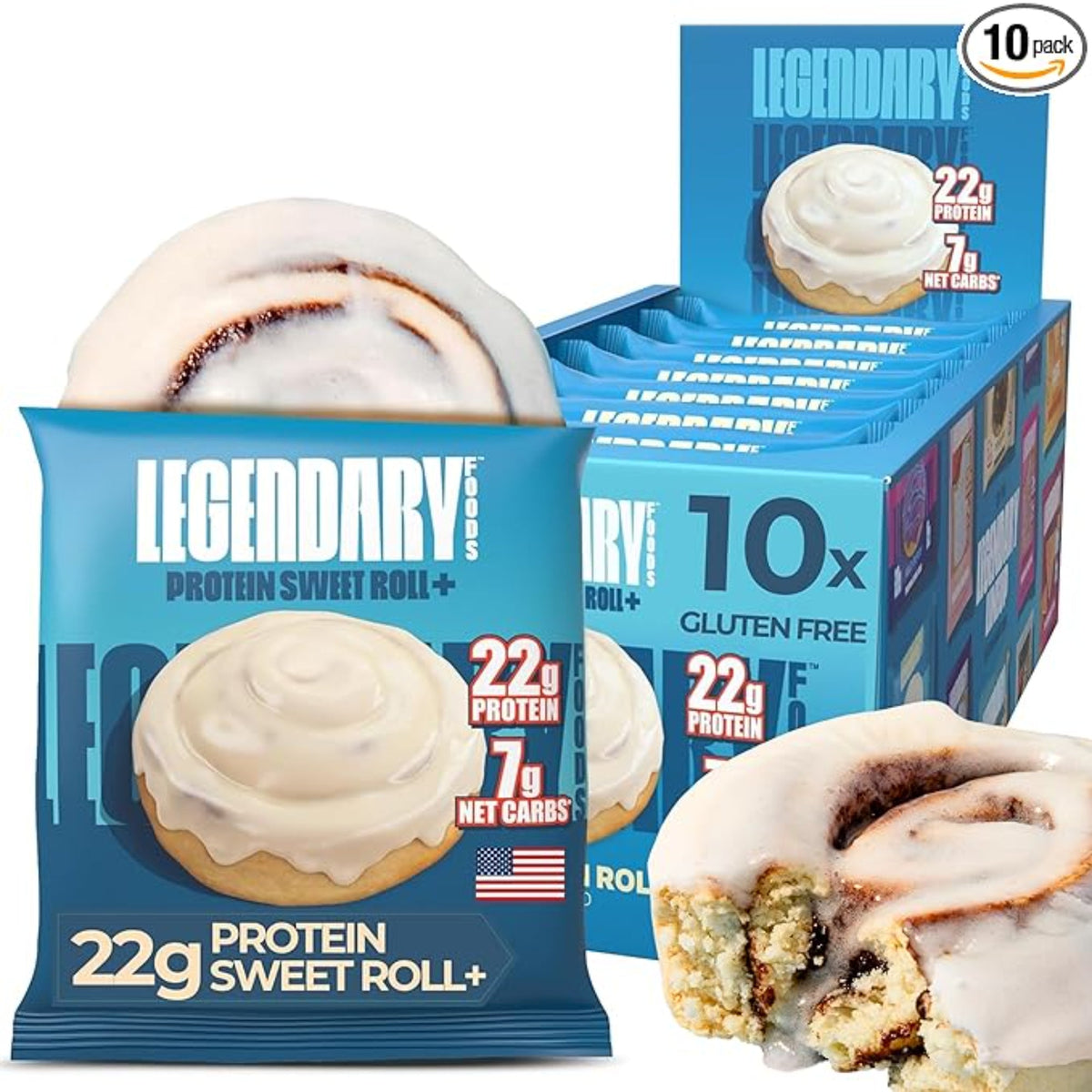 Legendary Foods 22g Protein Cinnamon Roll - Premium High Protien Bars, Low Carb Meal Replacement Snack, Low Glycemic Index, Gluten Free Snacks - Sweet Zero Sugar, Keto and Diabetic Friendly 10-Pack
