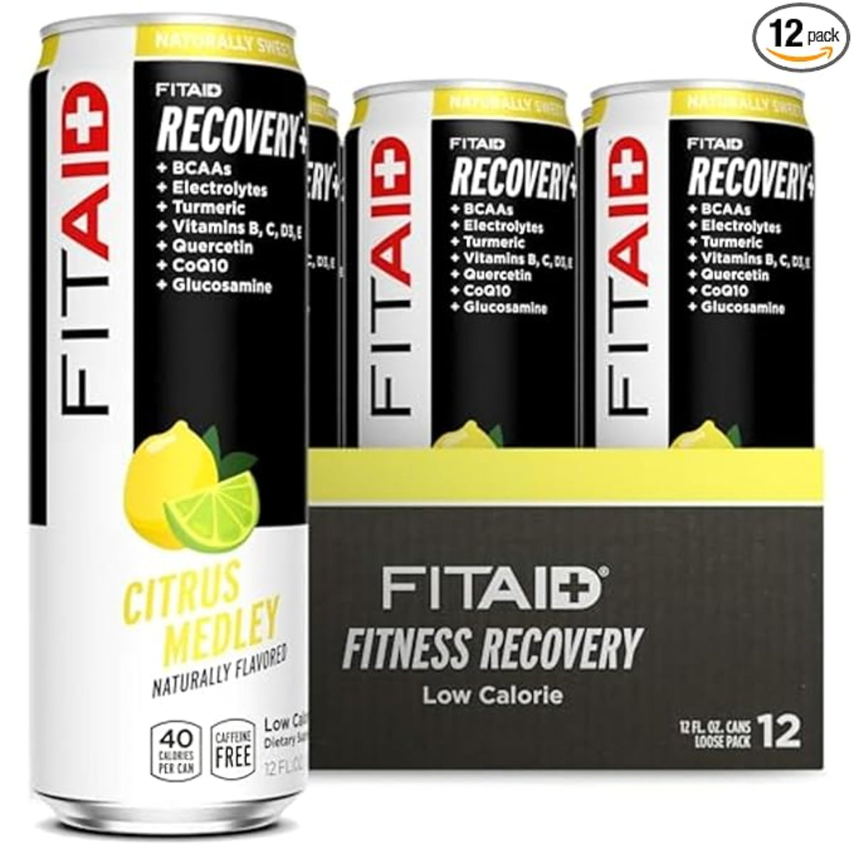 FITAID Recovery Blend, BCAAs, Vitamin B6, B12, Glucosamine, Electrolytes, 100% Clean, Paleo, B-Complex, Citrus Medley, No Sucralose, 12-oz. cans (Pack of 12)