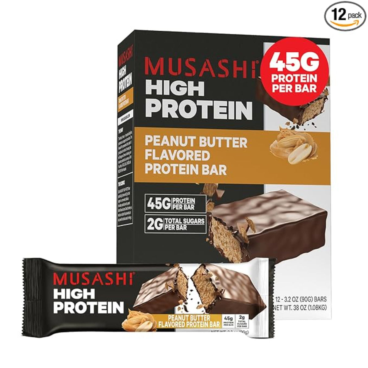 MUSASHI High Protein Bar, 45g Protein, 2g Total Sugars, Peanut Butter & Milk Chocolate Coated, Post Workout and Protein Snack On The Go, 12 Pack of 3.2oz (90g) Bars