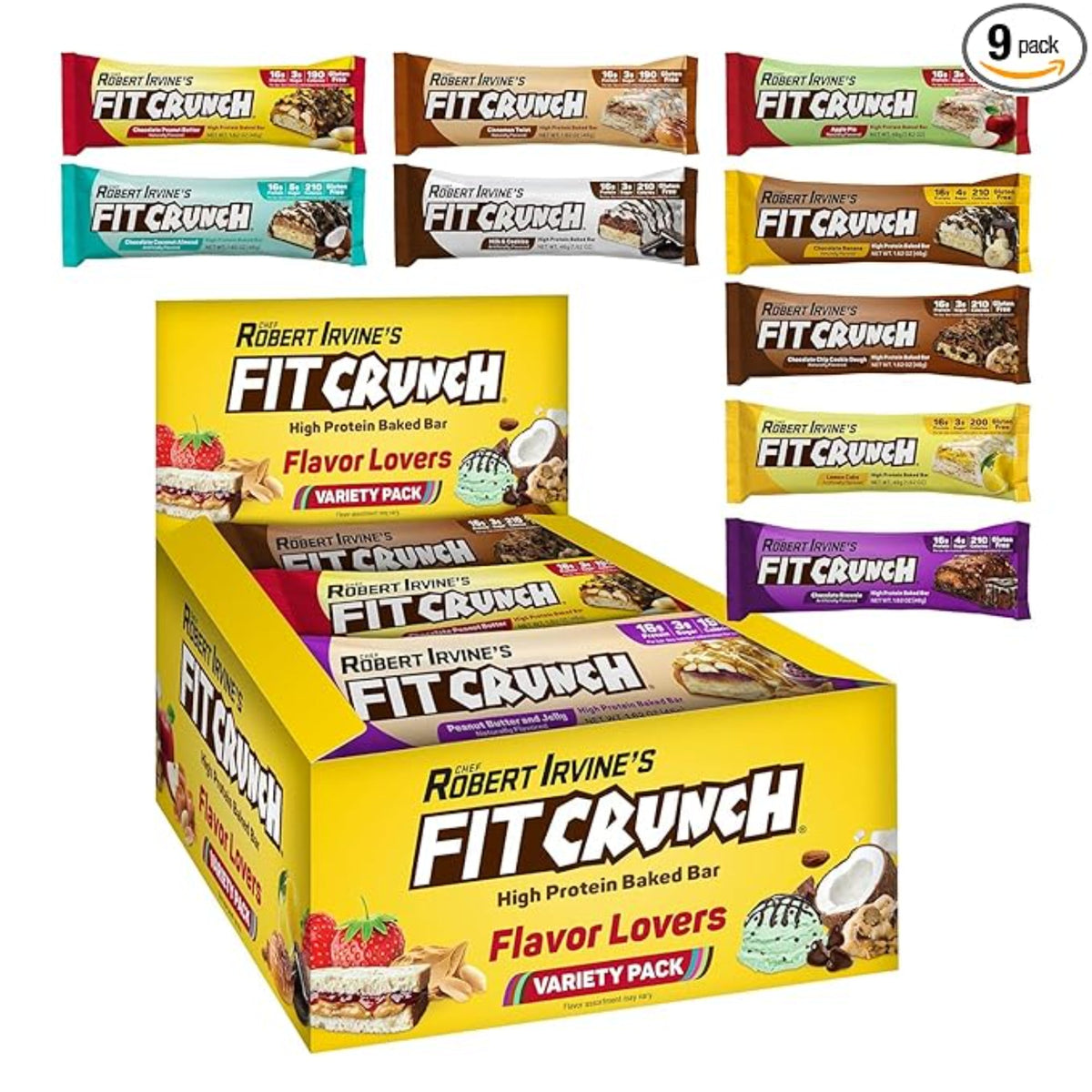 FITCRUNCH Snack Size Protein Bars, 6-Layer Baked Bar, 3g of Sugar, Gluten Free & Soft Cake Core (9 Count, Flavor Lovers)