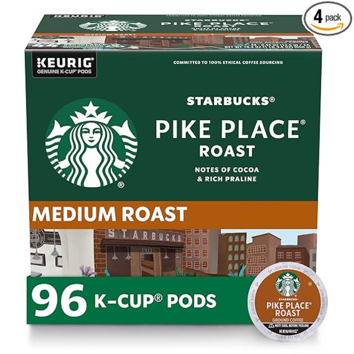 Starbucks K-Cup Coffee Pods, Medium Roast Coffee, Pike Place Roast for Keurig Brewers, 100% Arabica, 4 boxes (96 pods total)