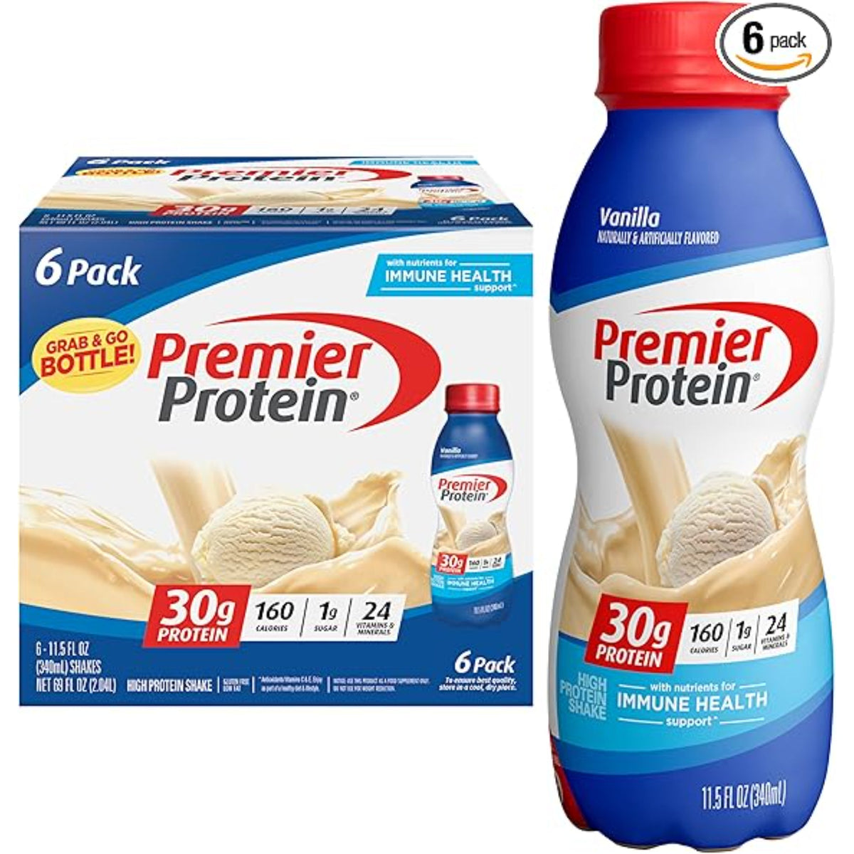 Premier Protein Shake, Vanilla, 30g Protein 1g Sugar 24 Vitamins Minerals Nutrients to Support Immune Health, 11.5 fl oz (Pack of 6)