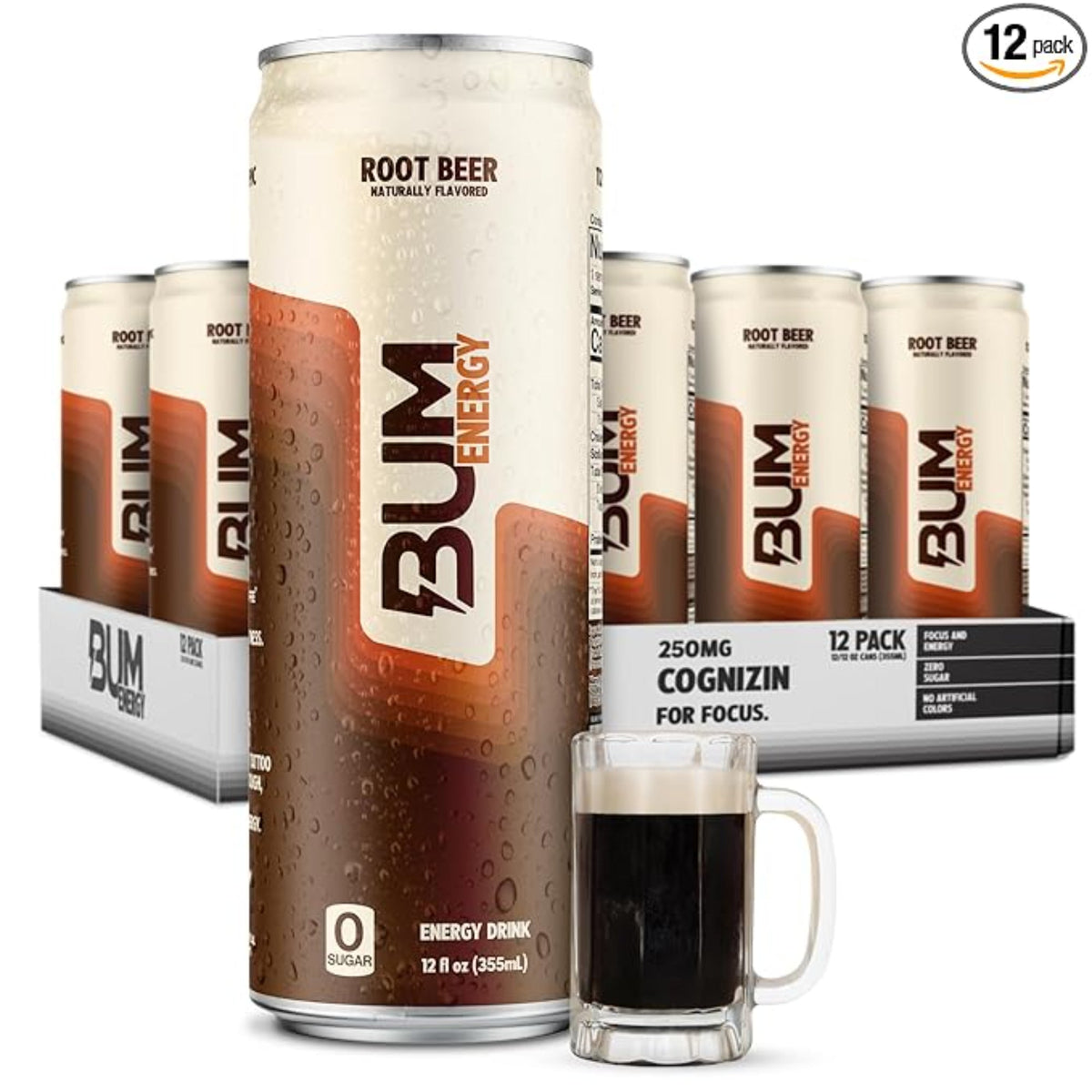 BUM Sugar-Free Energy Drink, Root Beer - Lightly Carbonated & No Artificial Colors, Natural Caffeine & Citicoline for Energy & Focus, Brain Boost & Workout Sports Beverage - 12 oz, Pack of 12