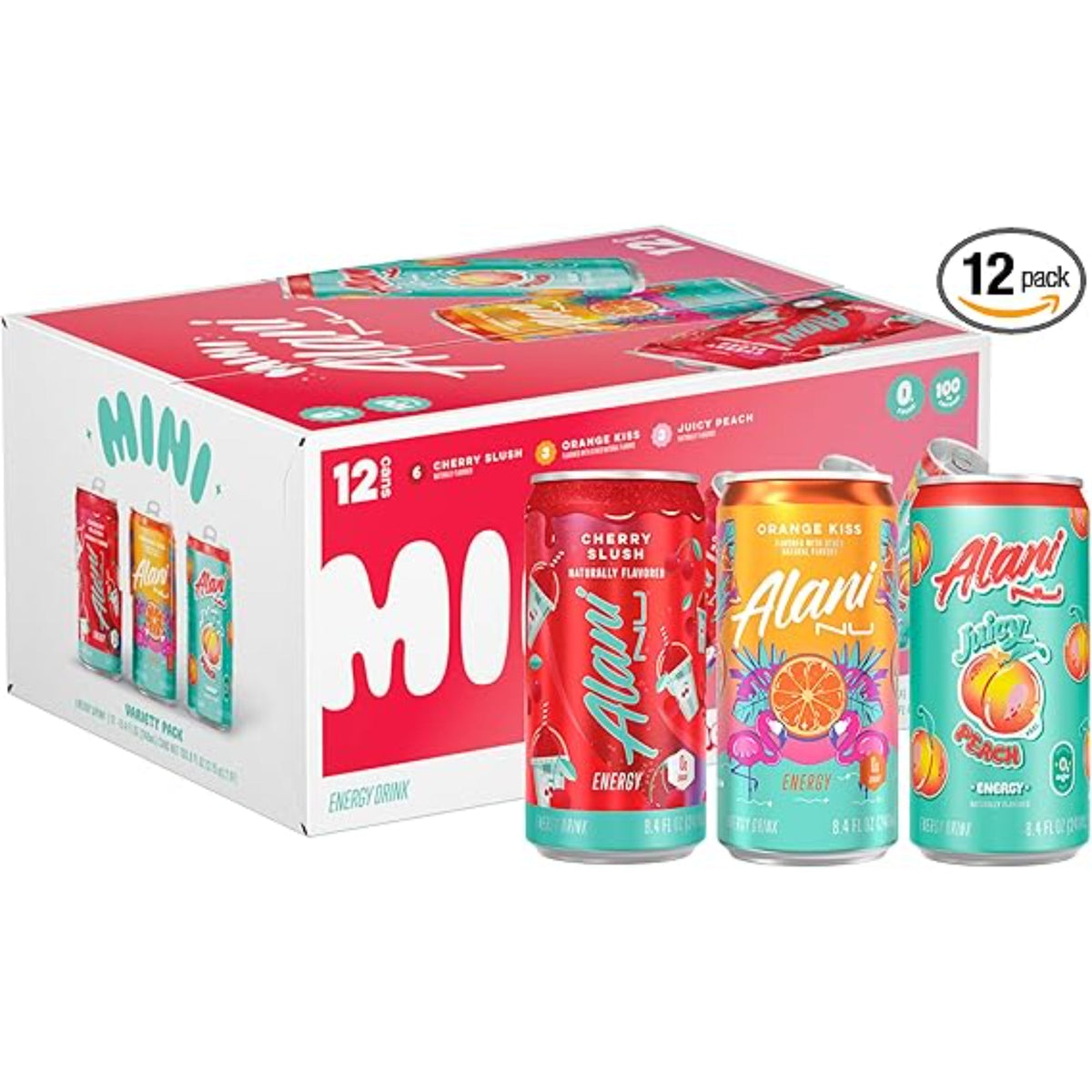 Alani Nu VARIETY PACK (CHERRY SLUSH, JUICY PEACH, ORANGE KISS), Low Calorie Energy Drinks, 100mg Caffeine, Biotin, B Vitamins, Zero Sugar, 10 Calories or Less, 8 Fl Oz Cans, 12 Pack