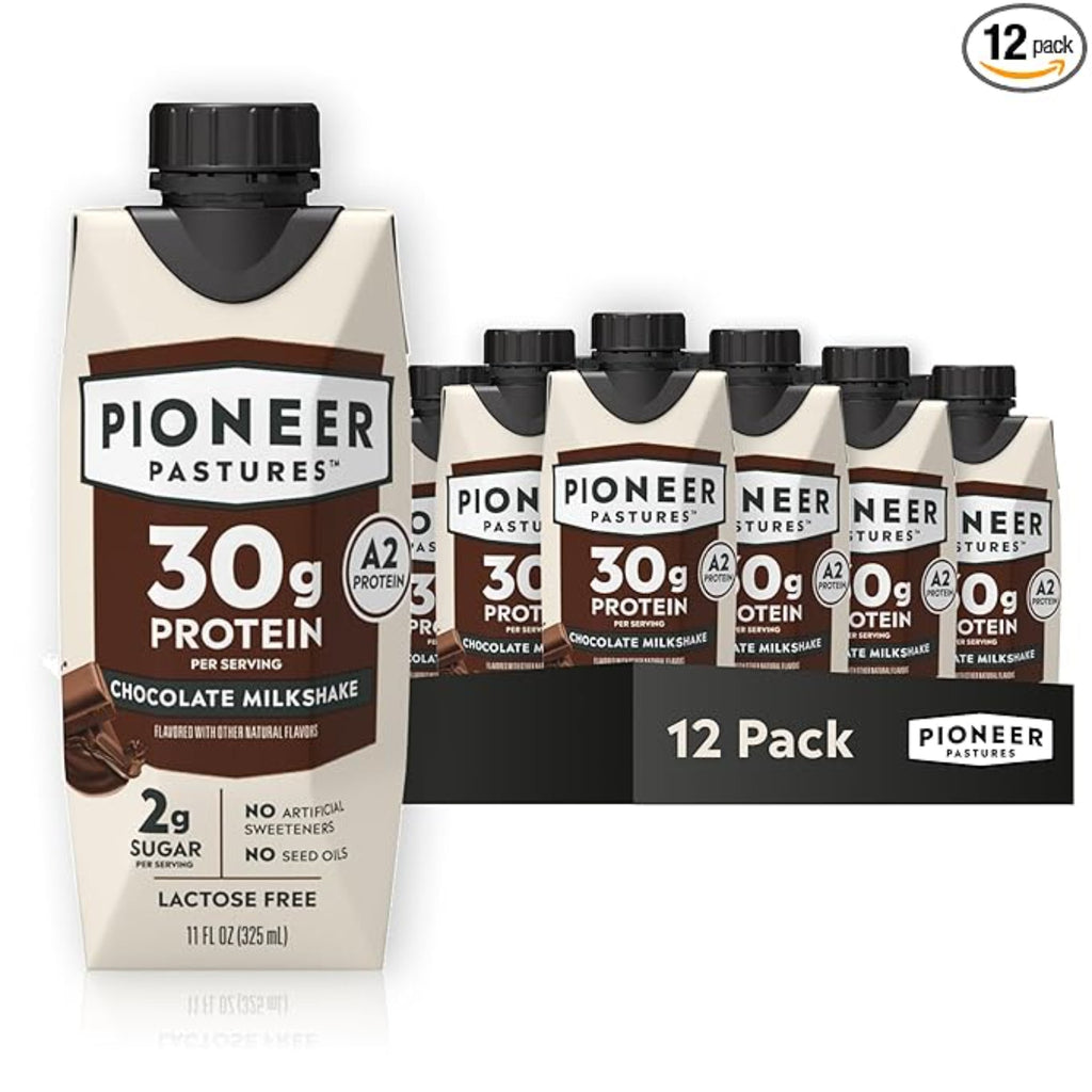 Pioneer Pastures - High Protein A2 Milkshakes - Chocolate - A2 Nutritional Milk, 30g Protein, 2g Sugar, No Artificial Sweeteners, No Seed Oils - All-Natural, Breakfast Shake, Meal Replacement, Workout - 11oz, 12 Pack