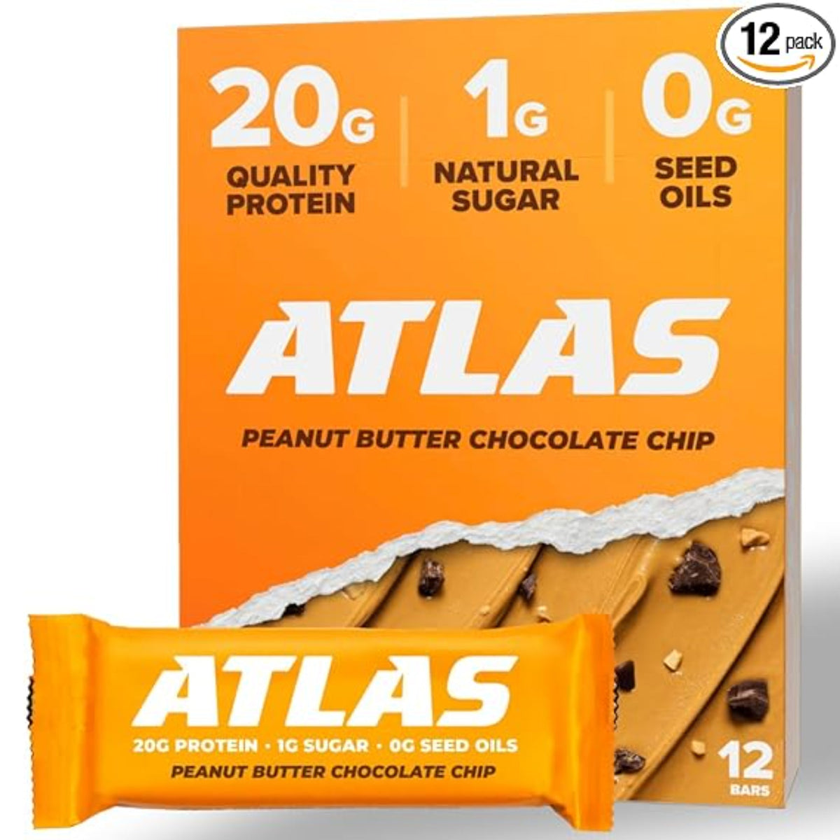Atlas Protein Bar – 20g Clean Protein, 1g Natural Sugar, No Seed Oils, Gluten Free, No Artificial Sweeteners, Peanut Butter Chocolate Chip, 12 Count