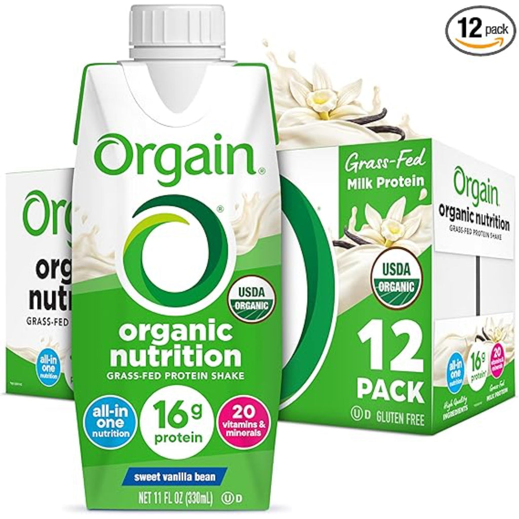 Orgain Organic Nutritional Protein Shake, Vanilla Bean - 16g Grass Fed Whey Protein, Meal Replacement, 20 Vitamins & Minerals, Fruits & Vegetables, Gluten Free, Non-GMO, 11 Fl Oz (12 Pack)