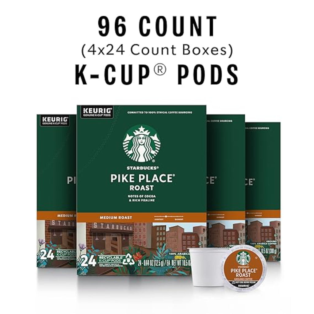 Starbucks K-Cup Coffee Pods, Medium Roast Coffee, Pike Place Roast for Keurig Brewers, 100% Arabica, 4 boxes (96 pods total)
