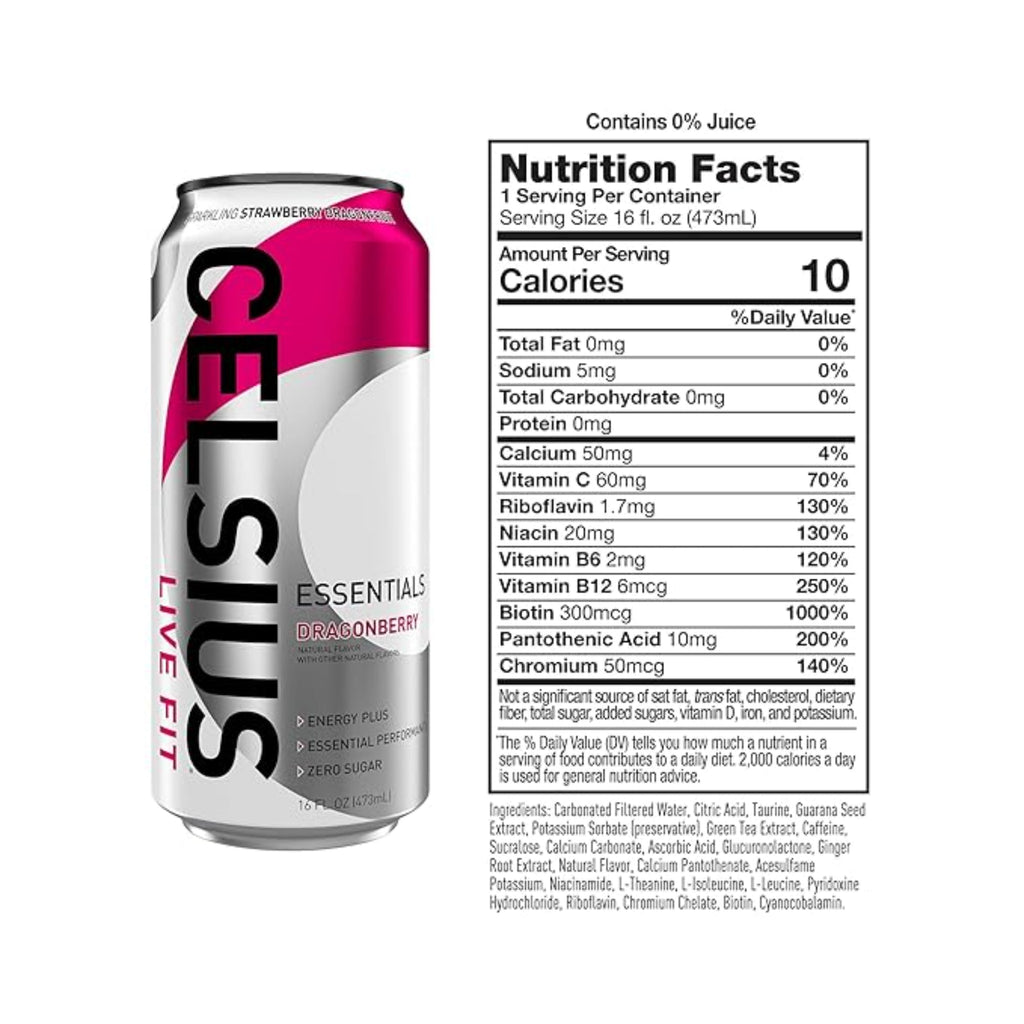 CELSIUS ESSENTIALS™ Sparkling Dragonberry, Sugar Free Performance Energy Drink, 16 Fl Oz (Pack of 12)