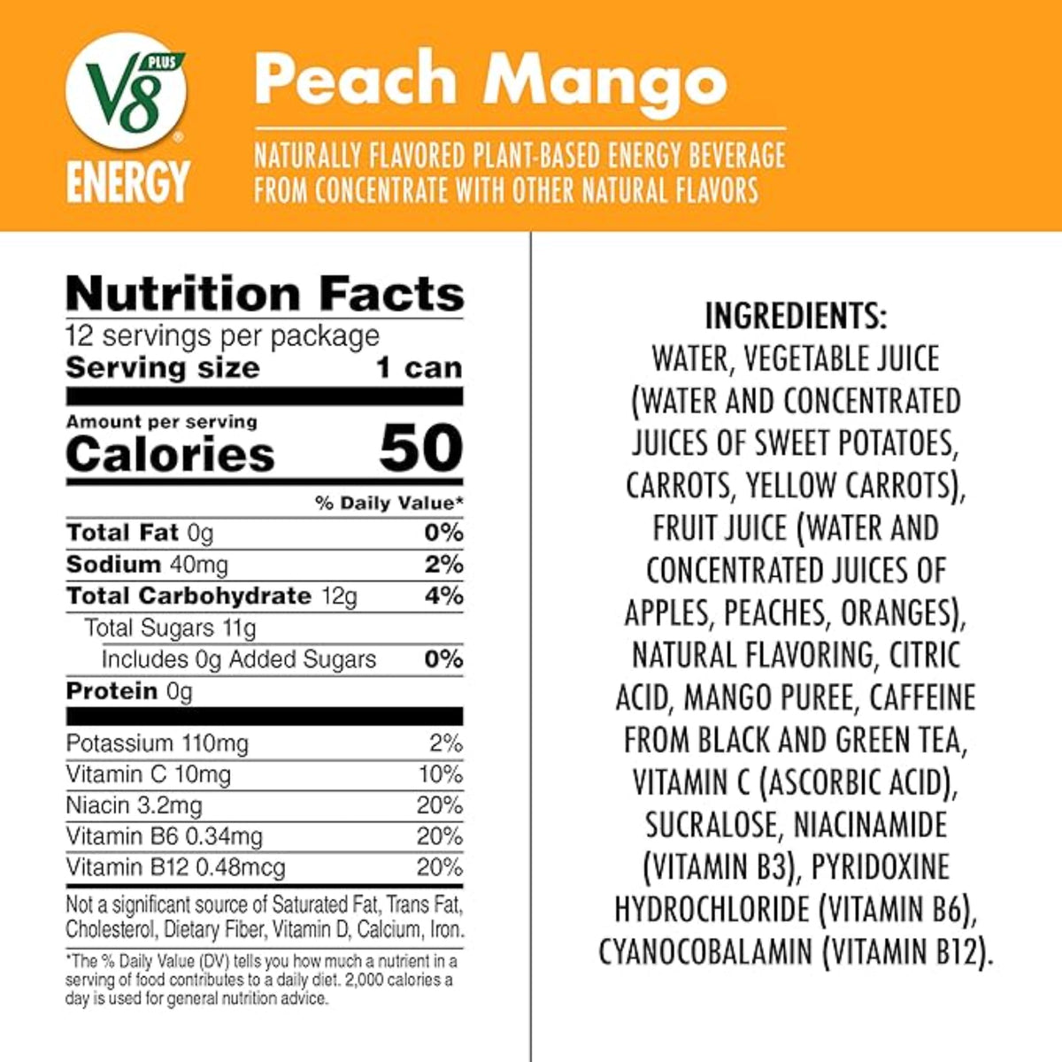 V8 Energy Peach Mango Energy Drink, 8 fl oz Can (12 Pack)