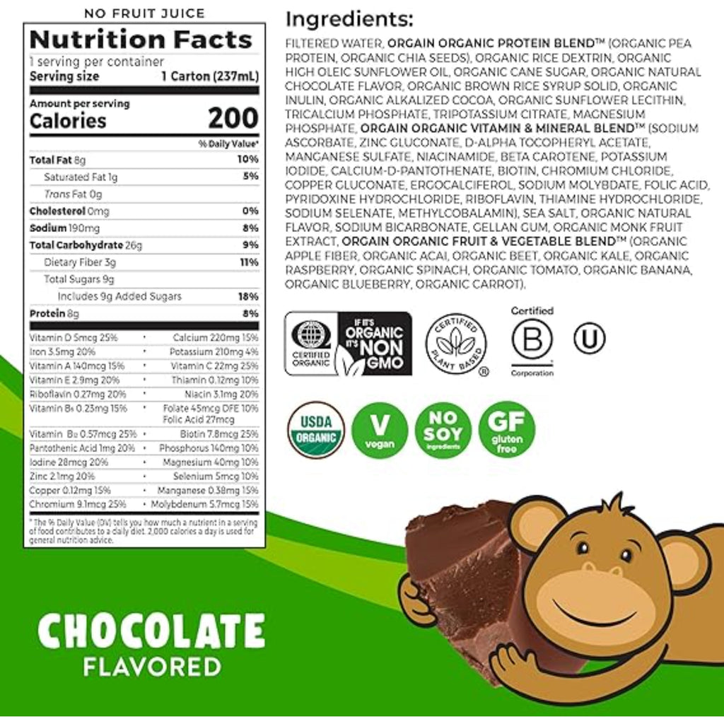 Orgain Organic Kids Nutritional Vegan Protein Shake, Chocolate - Healthy Kids Snacks, 8g Plant Protein, 23 Vitamins & Minerals, 3g Fiber, No Dairy & Soy Ingredients, Non-GMO, 8 Fl Oz (Pack of 12)