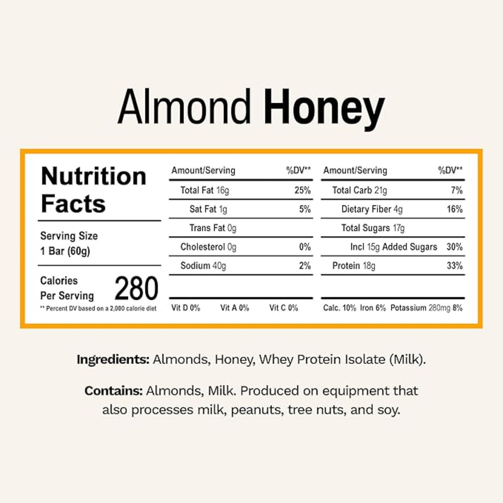 Rise Breakfast Whey Protein Bars Almond Honey, 18g Protein, 2.01 oz (12 Pack)