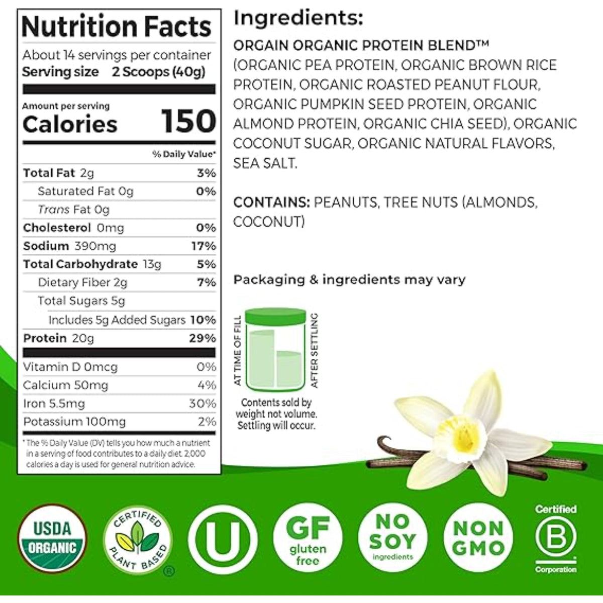Orgain Organic Simple Vegan Protein Powder, Vanilla - 20g Plant Based Protein, Made with less Ingredients, No Artificial Sweeteners, Gluten Free, No Dairy or Lactose, 1.25 lb (Packaging May Vary)