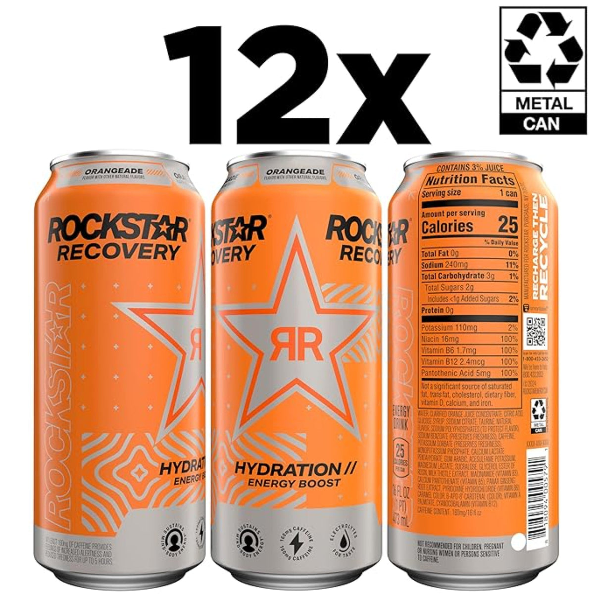 Rockstar Energy Drink with Caffeine Taurine and Electrolytes, Recovery Orange, 16 Fl Oz (Pack of 12)