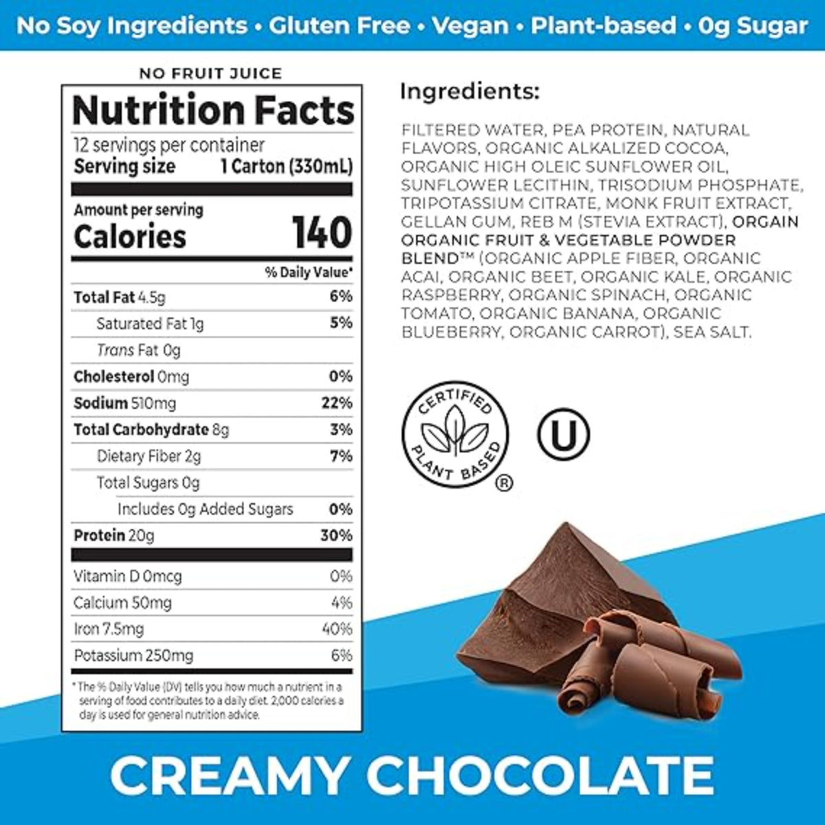Orgain Organic Vegan Protein Shake, Creamy Chocolate - 20g Plant Based Protein, Ready to Drink, Fruits & Vegetables, Gluten Free, Kosher, No Soy or Dairy Ingredients, 11 Fl Oz (Pack of 12)