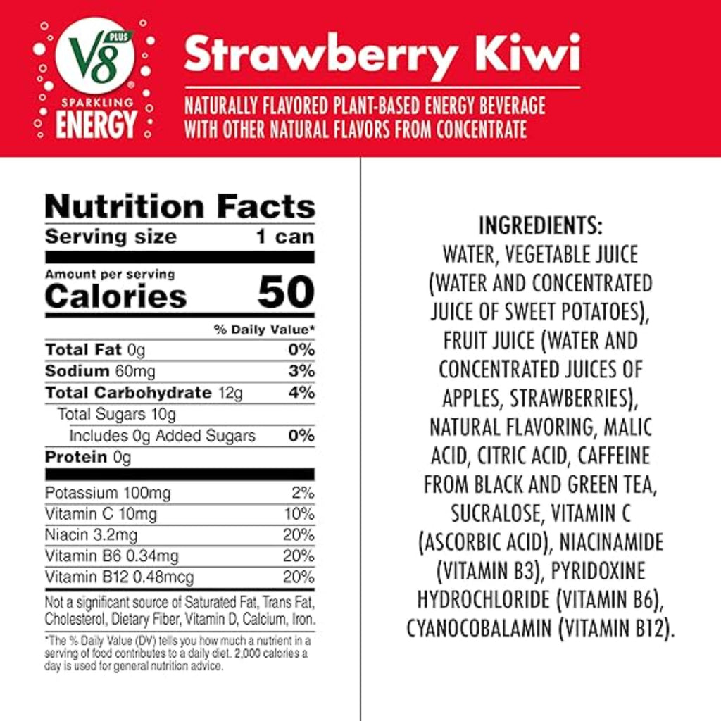 V8 +SPARKLING ENERGY Strawberry Kiwi Energy Drink, Made With Real Vegetable And Fruit Juices, 11.5 FL OZ Can (Pack Of 12)
