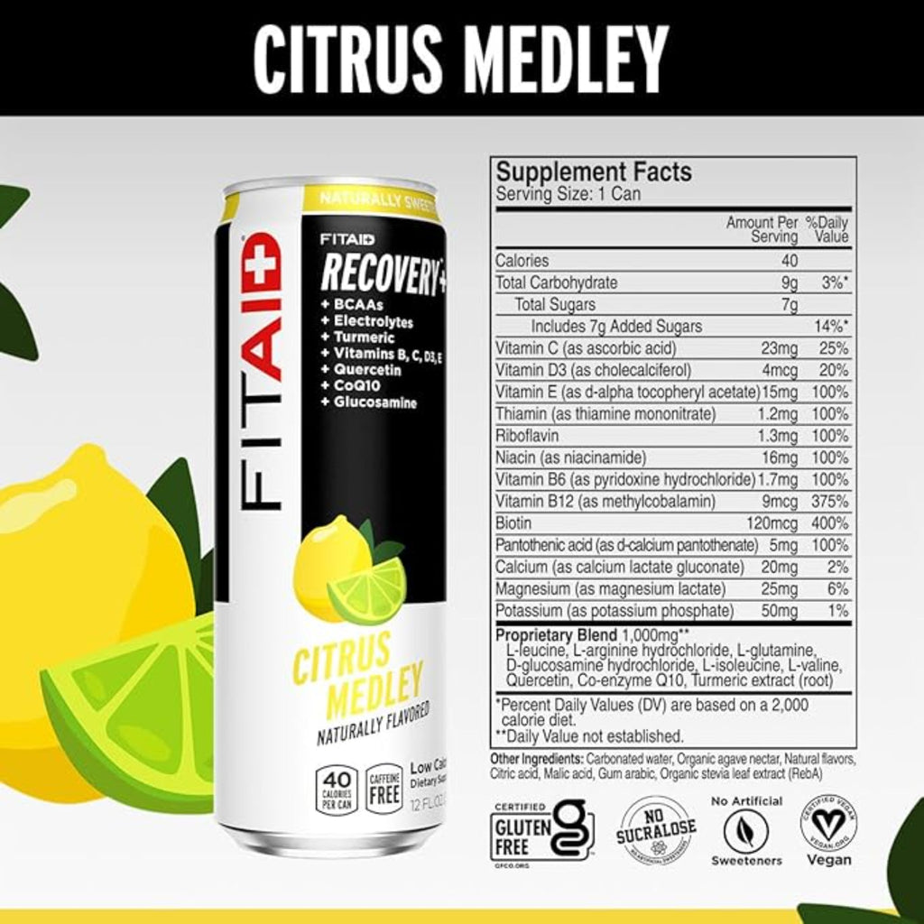FITAID Recovery Blend, BCAAs, Vitamin B6, B12, Glucosamine, Electrolytes, 100% Clean, Paleo, B-Complex, Citrus Medley, No Sucralose, 12-oz. cans (Pack of 12)