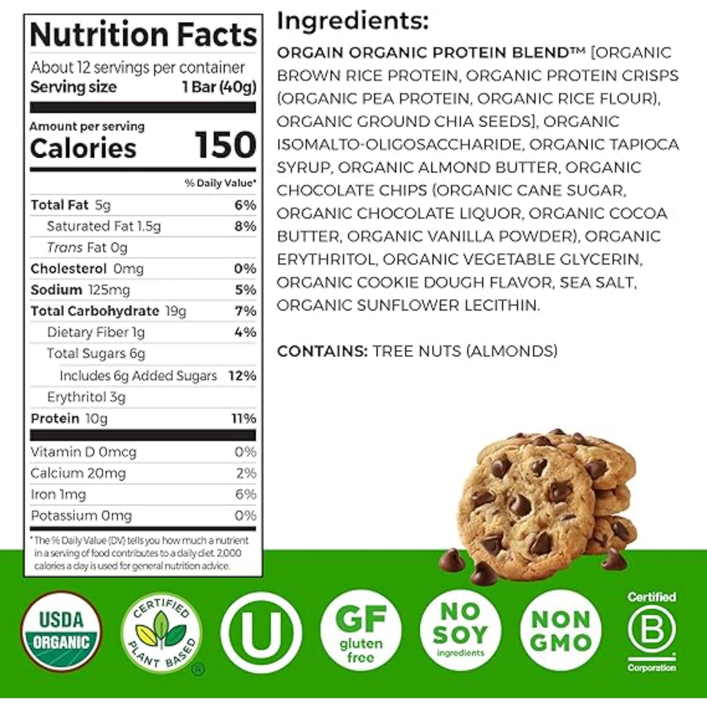Orgain Organic Vegan Protein Bars, Chocolate Chip Cookie Dough - 10g Plant Based Protein, Low Calorie Healthy Snacks, No Lactose or Soy Ingredients, Gluten Free, Non-GMO - 1.41 Oz (Pack of 12)