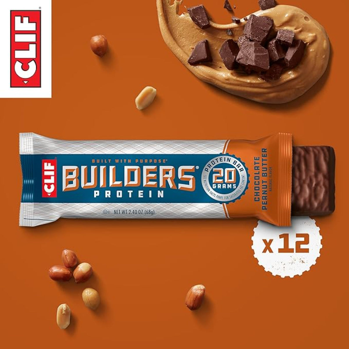 CLIF BUILDERS Protein Bars - Chocolate Peanut Butter Flavor - 20g Plant Based Protein - Gluten Free - Non-GMO - Low Glycemic - No Artificial Sweeteners - Value Pack, 2.4 oz. (12 Count)