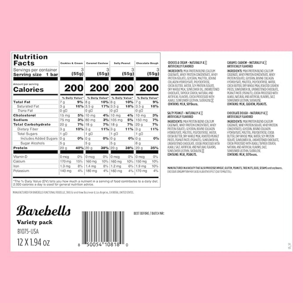 Barebells Protein Bars Variety Pack - 12 Count, 1.9oz Bars - Protein Snacks with 20g of High Protein - Chocolate Protein Bar with 1g of Total Sugars - Perfect on The Go Protein Snack & Breakfast Bars