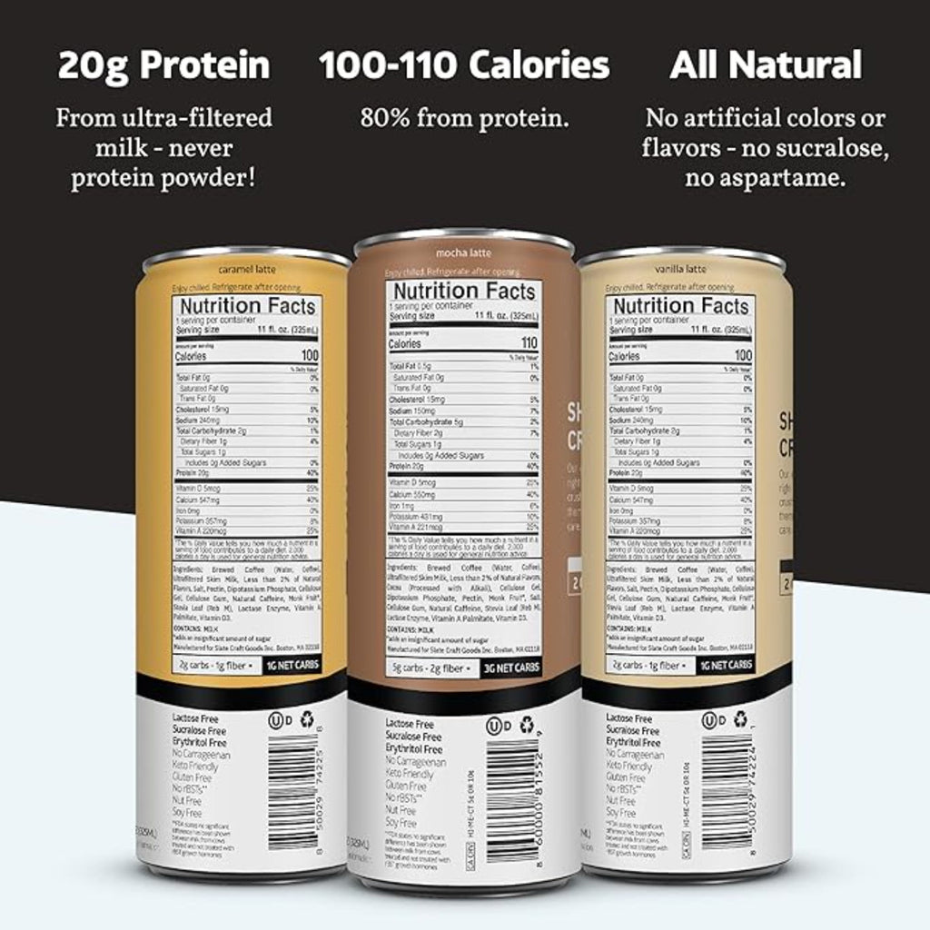Slate Milk - High Protein Iced Coffee - Energy Variety Pack - Caramel Latte, Mocha Latte, Vanilla Latte - 175mg Caffeine, Lactose Free - 20g Protein, 1g Sugar - Protein Coffee - 11 fl oz, 12 Cans