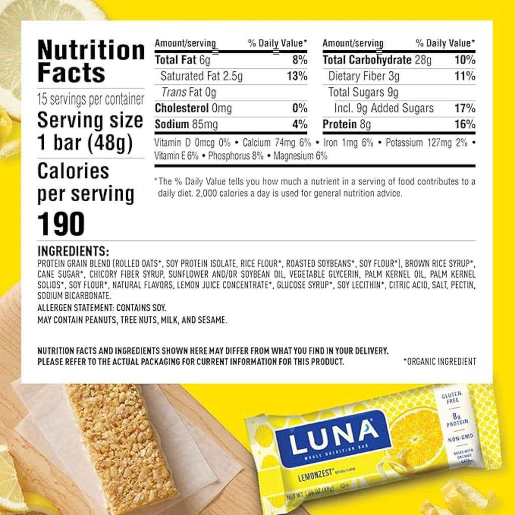 LUNA Bar - LemonZest Flavor - Gluten Free Snack Bars - Non-GMO - Protein Bars - Made with Organic Oats - Value Pack (12 Pack)