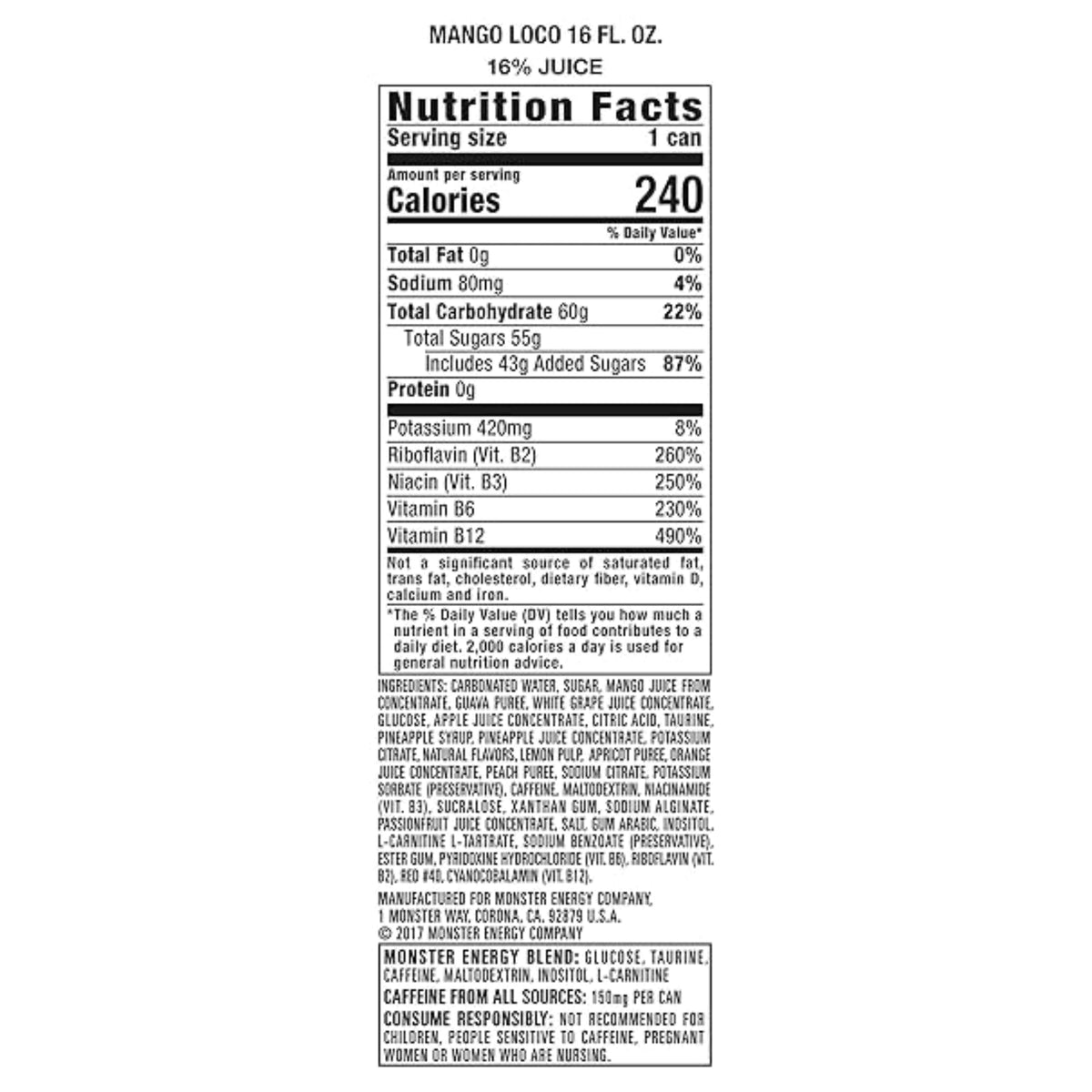 Monster Energy Juice Monster Mango Loco, Energy + Juice, Energy Drink, 16 Ounce (Pack of 15)