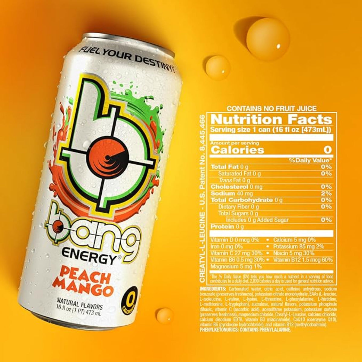 Bang Energy Peach Mango, Sugar-Free Energy Drink, 16-Ounce (Pack of 12)