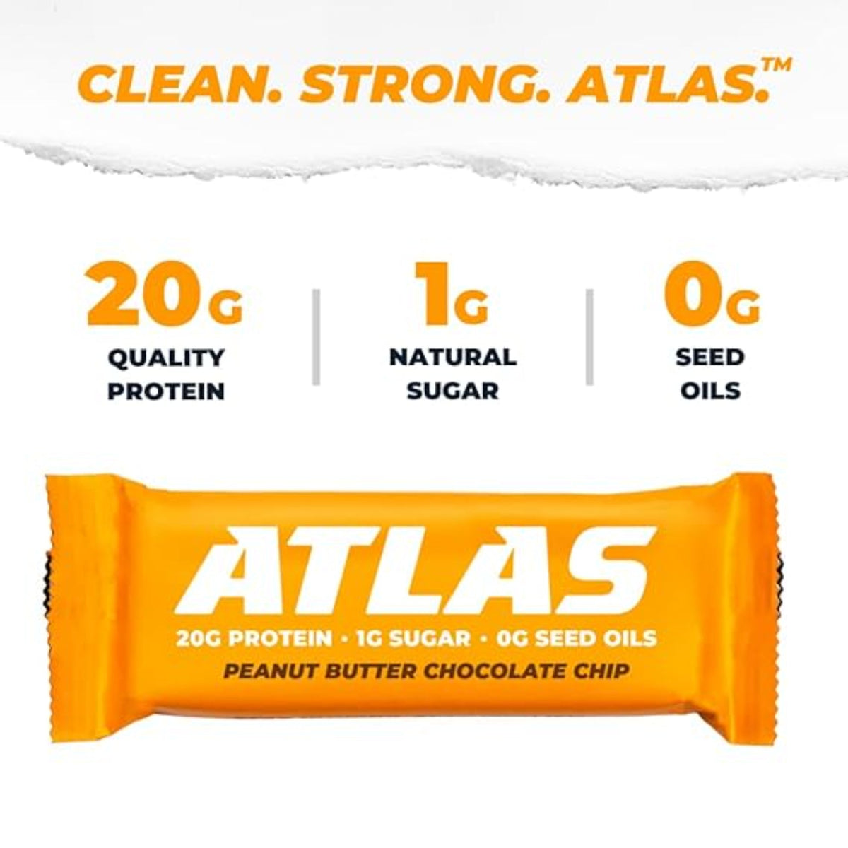 Atlas Protein Bar – 20g Clean Protein, 1g Natural Sugar, No Seed Oils, Gluten Free, No Artificial Sweeteners, Peanut Butter Chocolate Chip, 12 Count