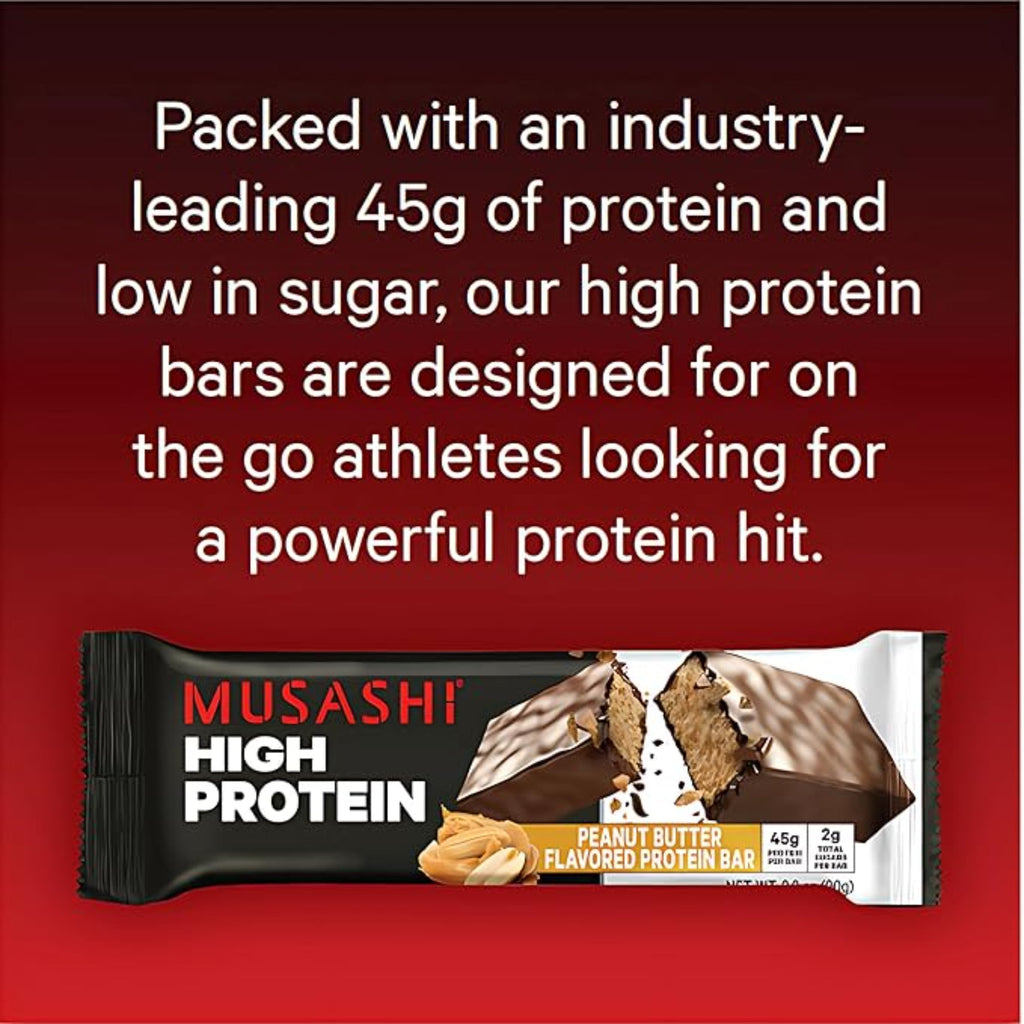 MUSASHI High Protein Bar, 45g Protein, 2g Total Sugars, Peanut Butter & Milk Chocolate Coated, Post Workout and Protein Snack On The Go, 12 Pack of 3.2oz (90g) Bars