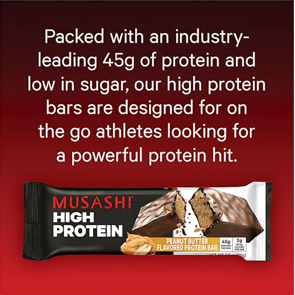 MUSASHI High Protein Bar, 45g Protein, 2g Total Sugars, Peanut Butter & Milk Chocolate Coated, Post Workout and Protein Snack On The Go, 12 Pack of 3.2oz (90g) Bars