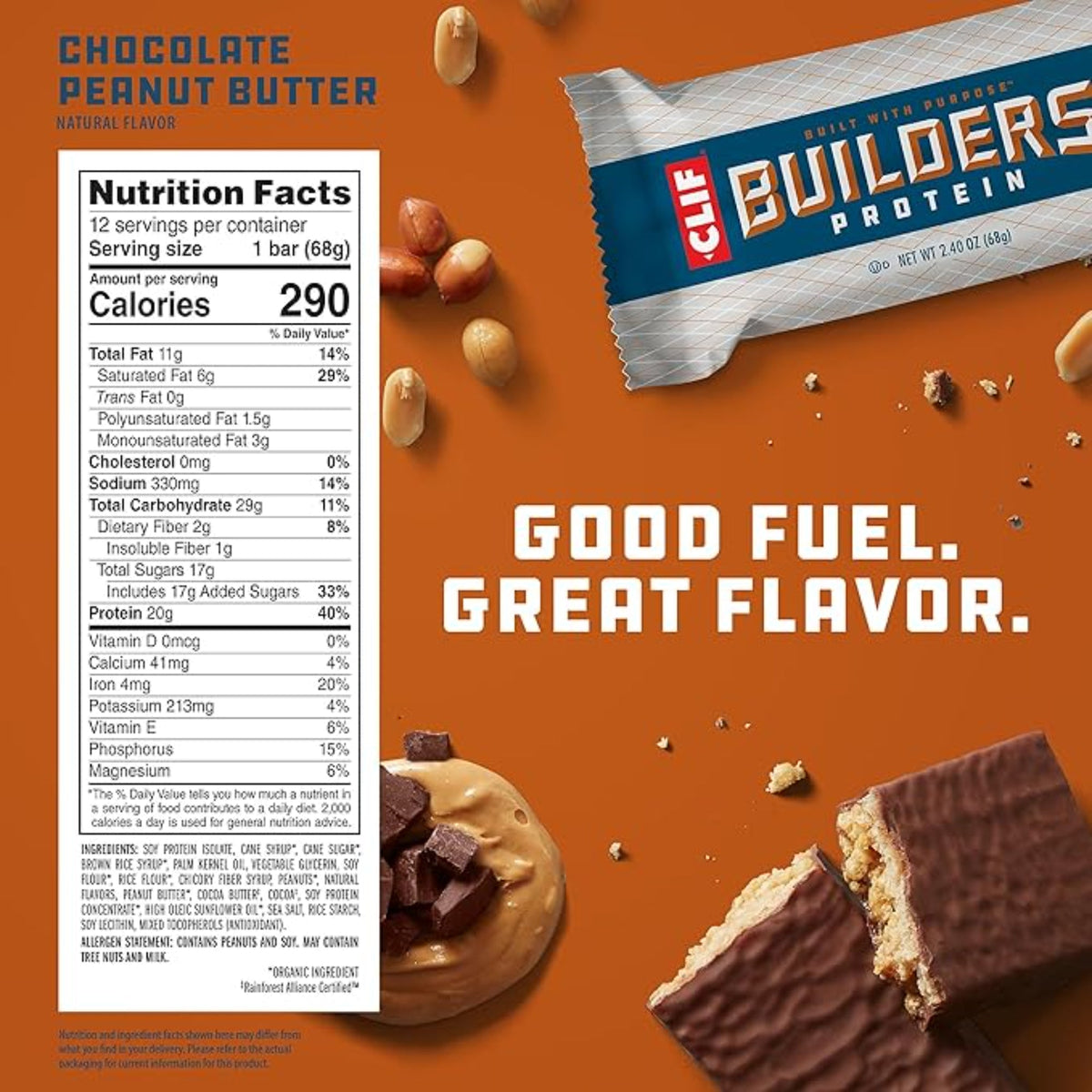 CLIF BUILDERS Protein Bars - Chocolate Peanut Butter Flavor - 20g Plant Based Protein - Gluten Free - Non-GMO - Low Glycemic - No Artificial Sweeteners - Value Pack, 2.4 oz. (12 Count)