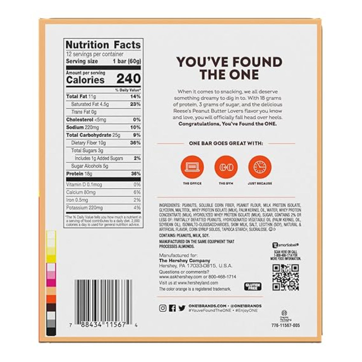 ONE Protein Bars, Reese's Peanut Butter Lovers, Gluten Free with 18g Protein and 3g Sugar, Pantry Staples, 2.12 oz (12 Count)