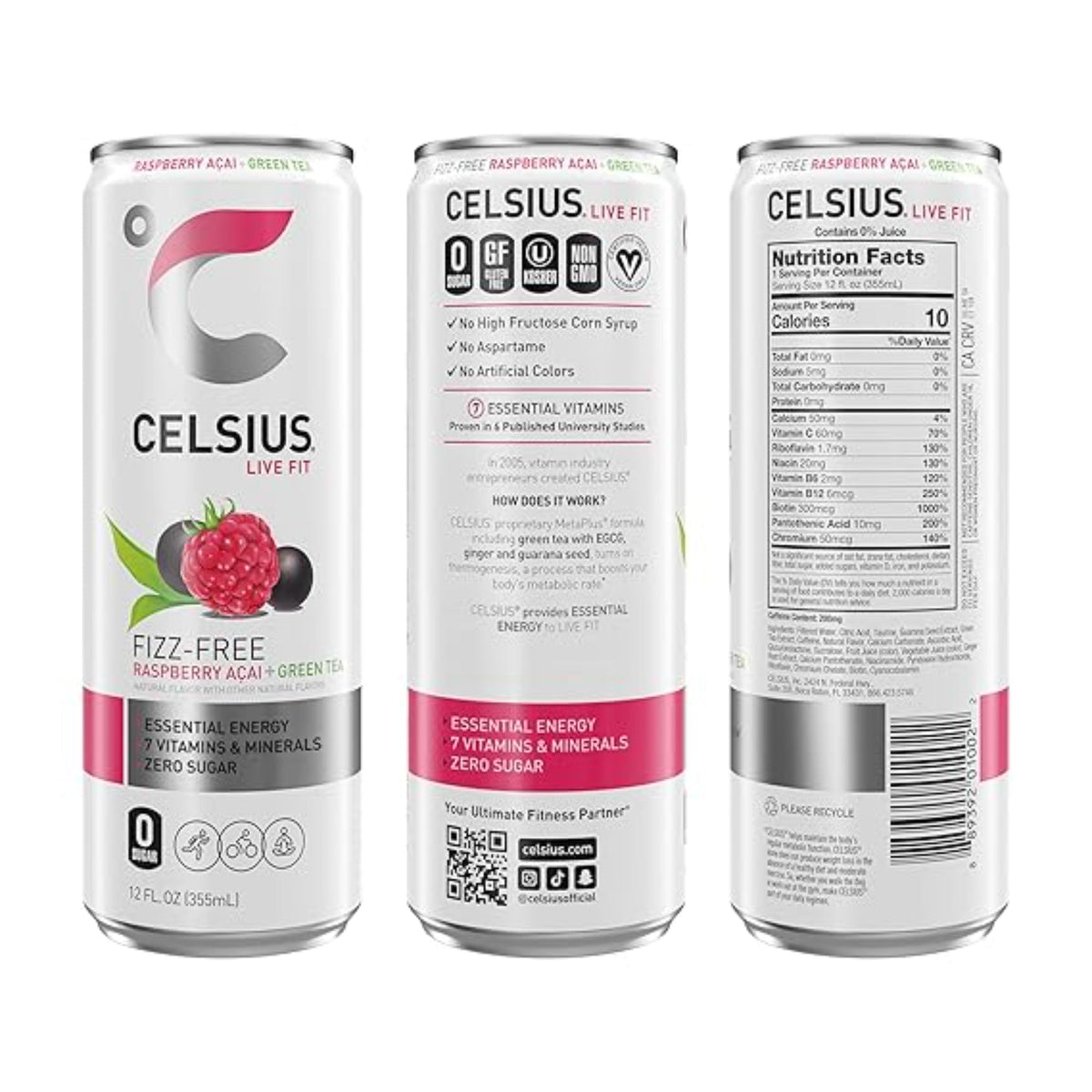 CELSIUS Raspberry Acai Green Tea, Functional Essential Energy Drink 12 Fl Oz (Pack of 12) Packaging may vary