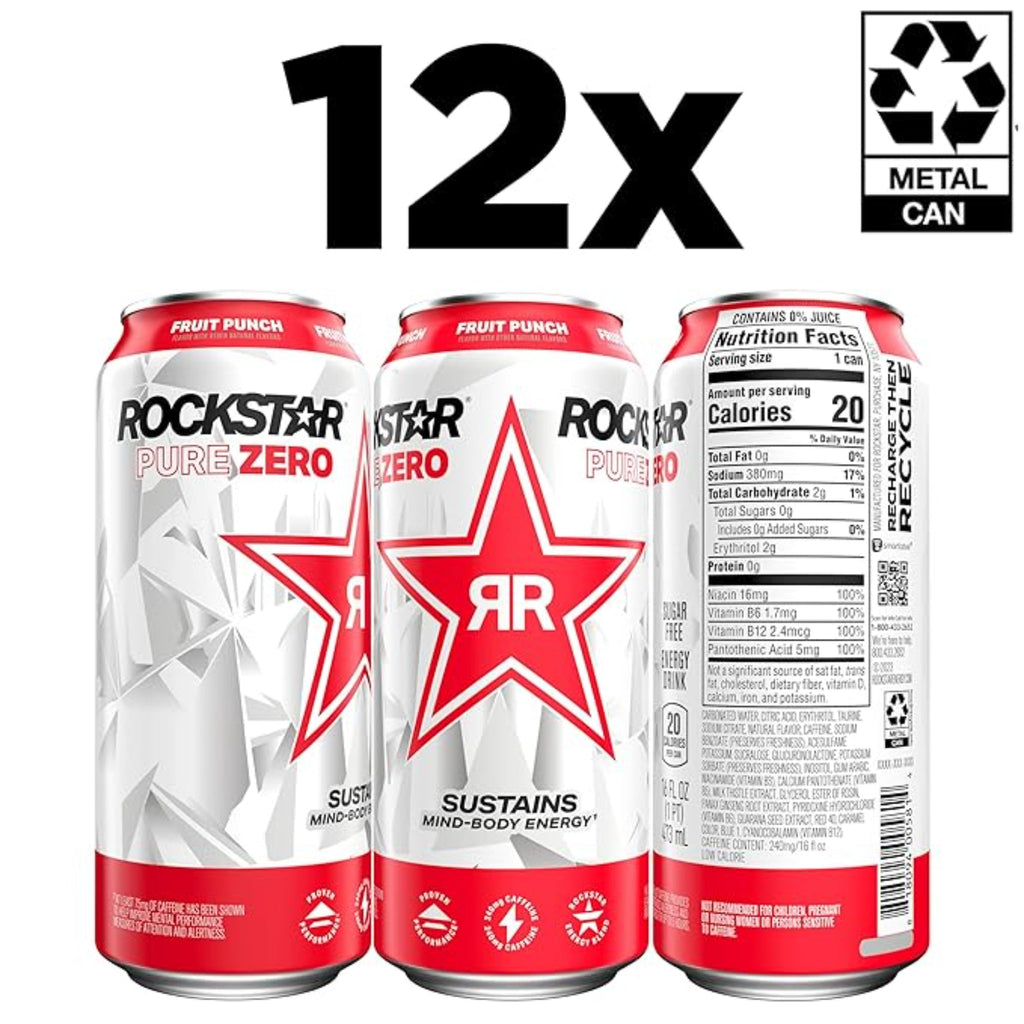 Rockstar Pure Zero Energy Drink, Fruit Punch, 0 Sugar, with Caffeine and Taurine, 16oz Cans (12 Pack) (Packaging May Vary)
