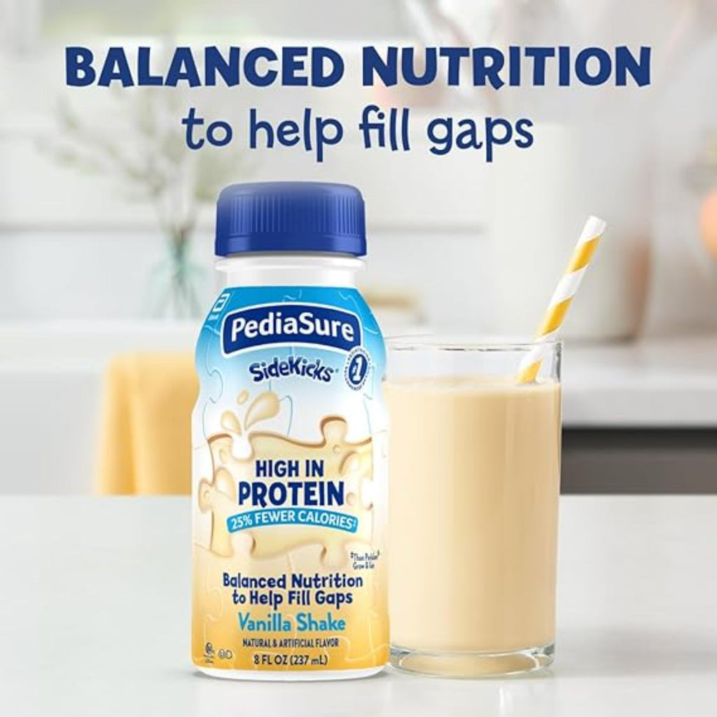 PediaSure SideKicks, Kids Protein Shake, With Key Nutrients and Protein to Help Kids Catch Up on Growth and Fill Nutrient Gaps, Vanilla, 8-fl-oz Bottle, Pack of 24