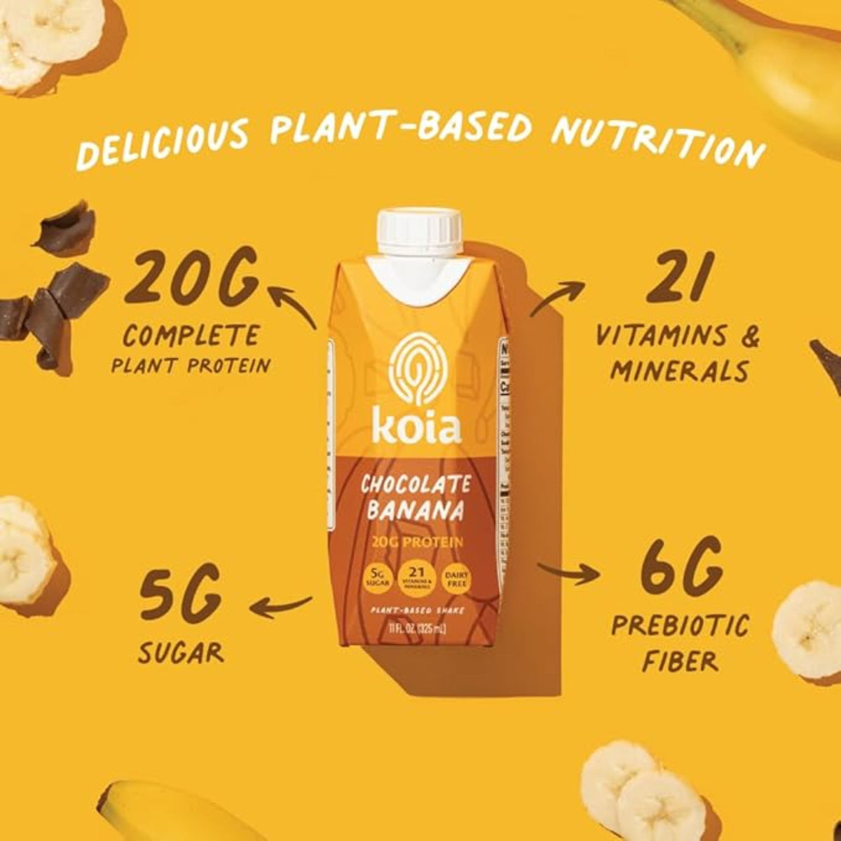 Koia Plant Based Protein Shake, Chocolate Banana, 20g Protein, 5g Sugar, 6g Prebiotic Fiber, 21 Vitamins & Minerals, Meal Replacement Drinks, Dairy-Free, Gluten-Free, Non-GMO, 11 Fl Oz (Pack of 12)
