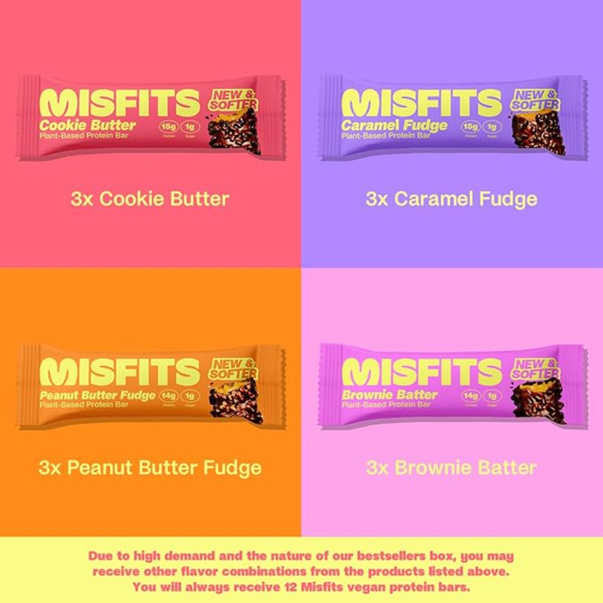Misfits Vegan Protein Bars - Updated Gluten Free Recipe | Plant Based, Low Sugar & Carb, High Fiber Snacks | Variety Pack of 12 (4 Flavors)