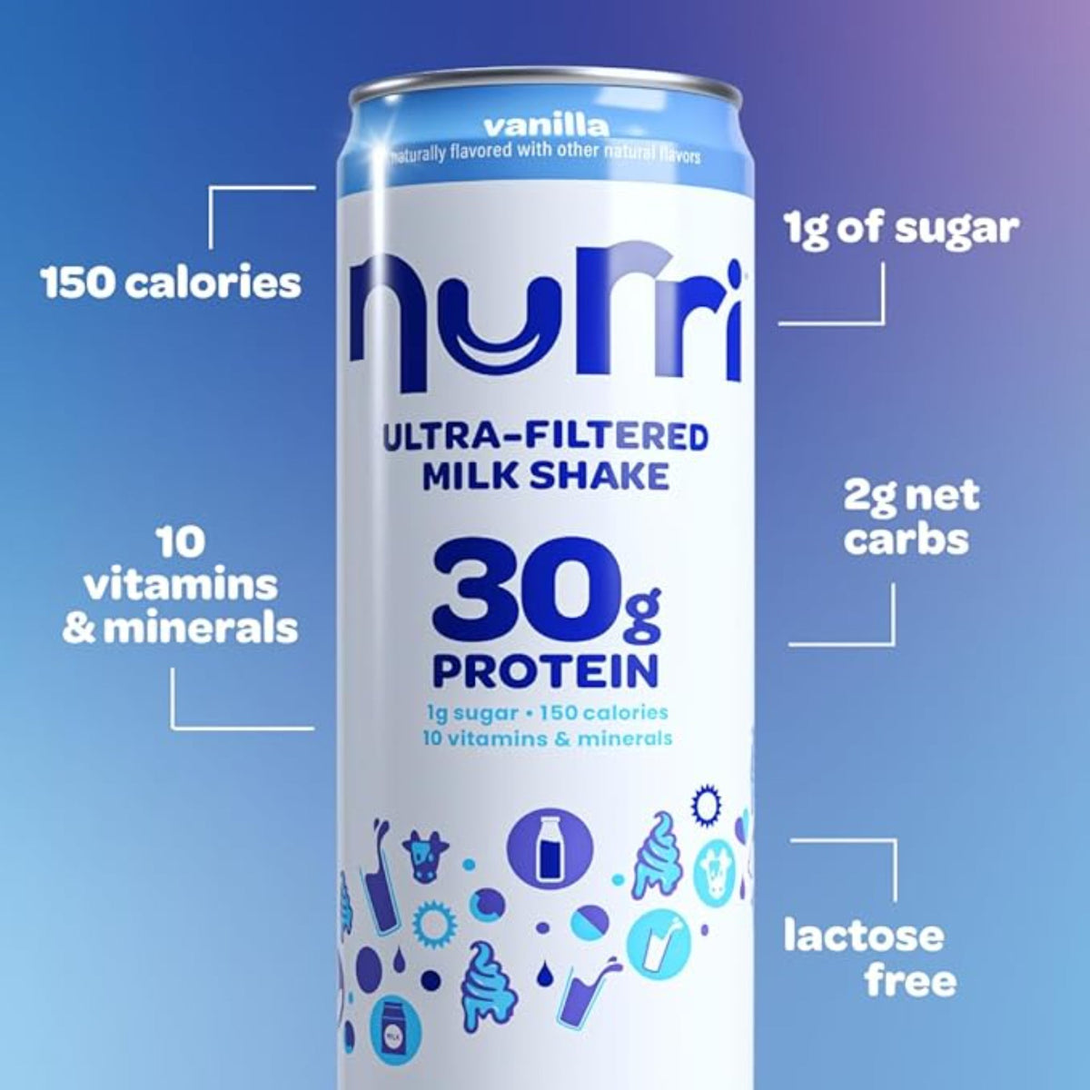 Nurri - 30g Protein Ultra Filtered Milk Shake – Vanilla - Lactose Free, Low Sugar, 150 Calories, 10 Vitamins and Minerals - 11 fl oz, 12 Cans