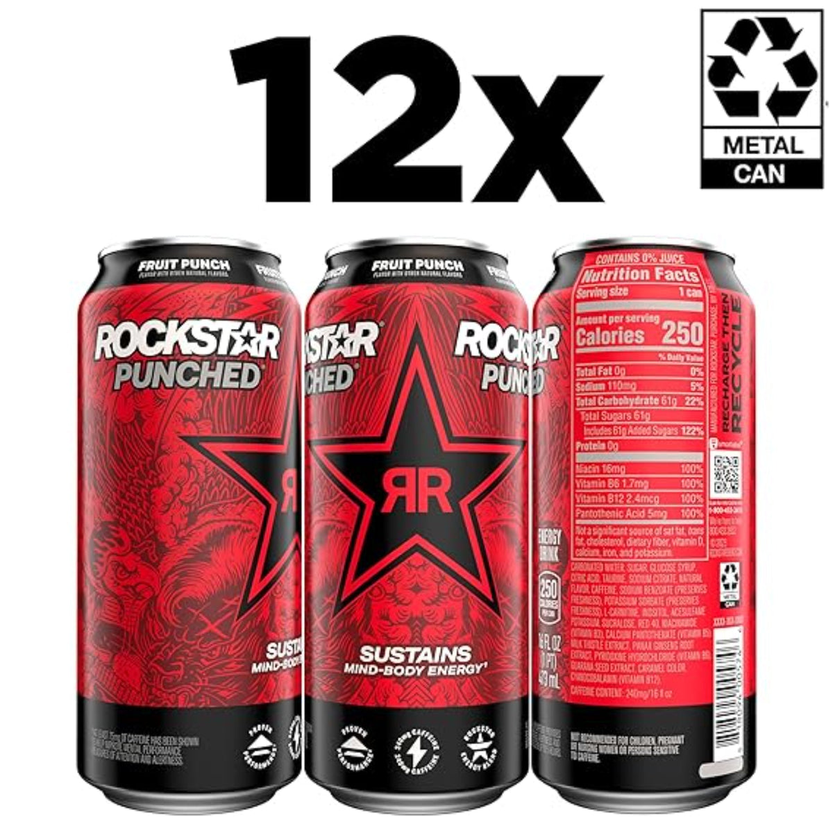Rockstar Punched Energy Drink, Fruit Punch, 16 Fl Oz (Pack of 12) (Packaging May Vary)