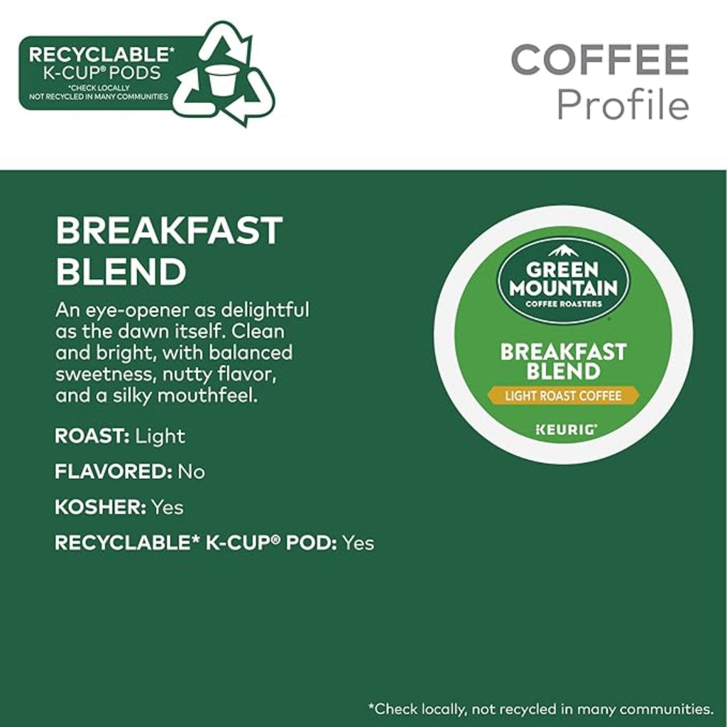 Green Mountain Coffee Roasters Breakfast Blend Single-Serve Keurig K-Cup Pods, Light Roast Coffee, 96 Count