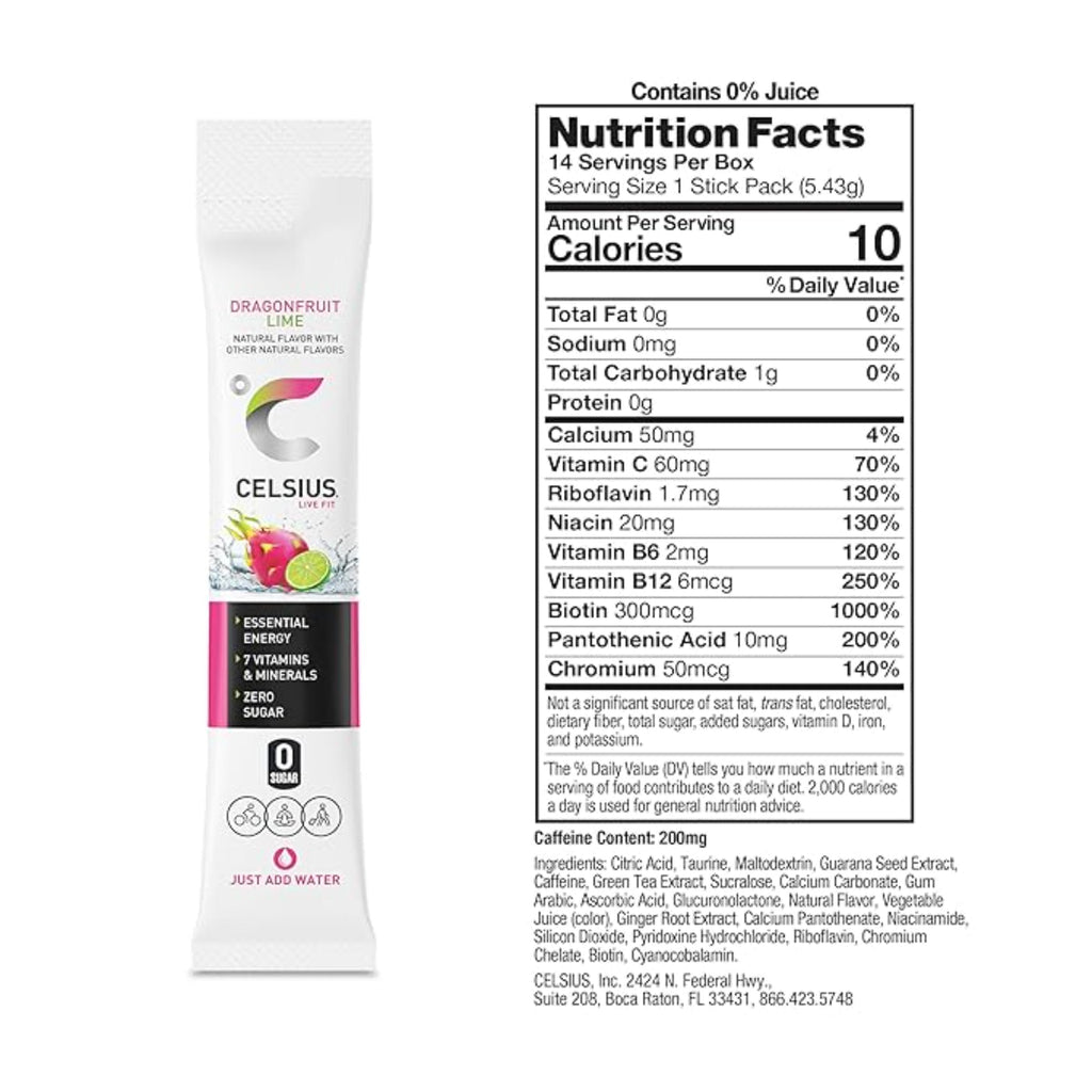 CELSIUS® On-the-Go Powder Sticks Dragonfruit Lime, Essential Energy 2.8 Oz (14 Sticks per Pack)