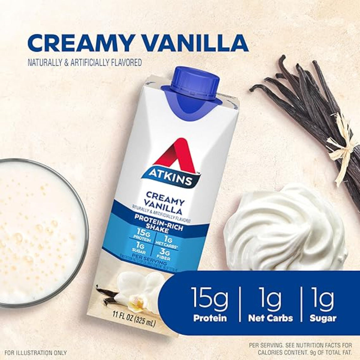 Atkins Creamy Vanilla High Protein Shake, 15g Protein, Low Glycemic, Low Carb and Low Sugar Shakes, Keto Friendly, 12 Vanilla Flavored Protein Shakes