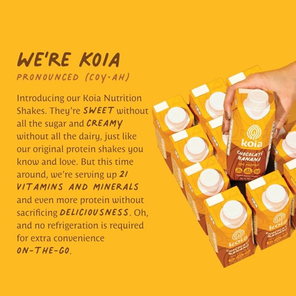Koia Plant Based Protein Shake, Chocolate Banana, 20g Protein, 5g Sugar, 6g Prebiotic Fiber, 21 Vitamins & Minerals, Meal Replacement Drinks, Dairy-Free, Gluten-Free, Non-GMO, 11 Fl Oz (Pack of 12)