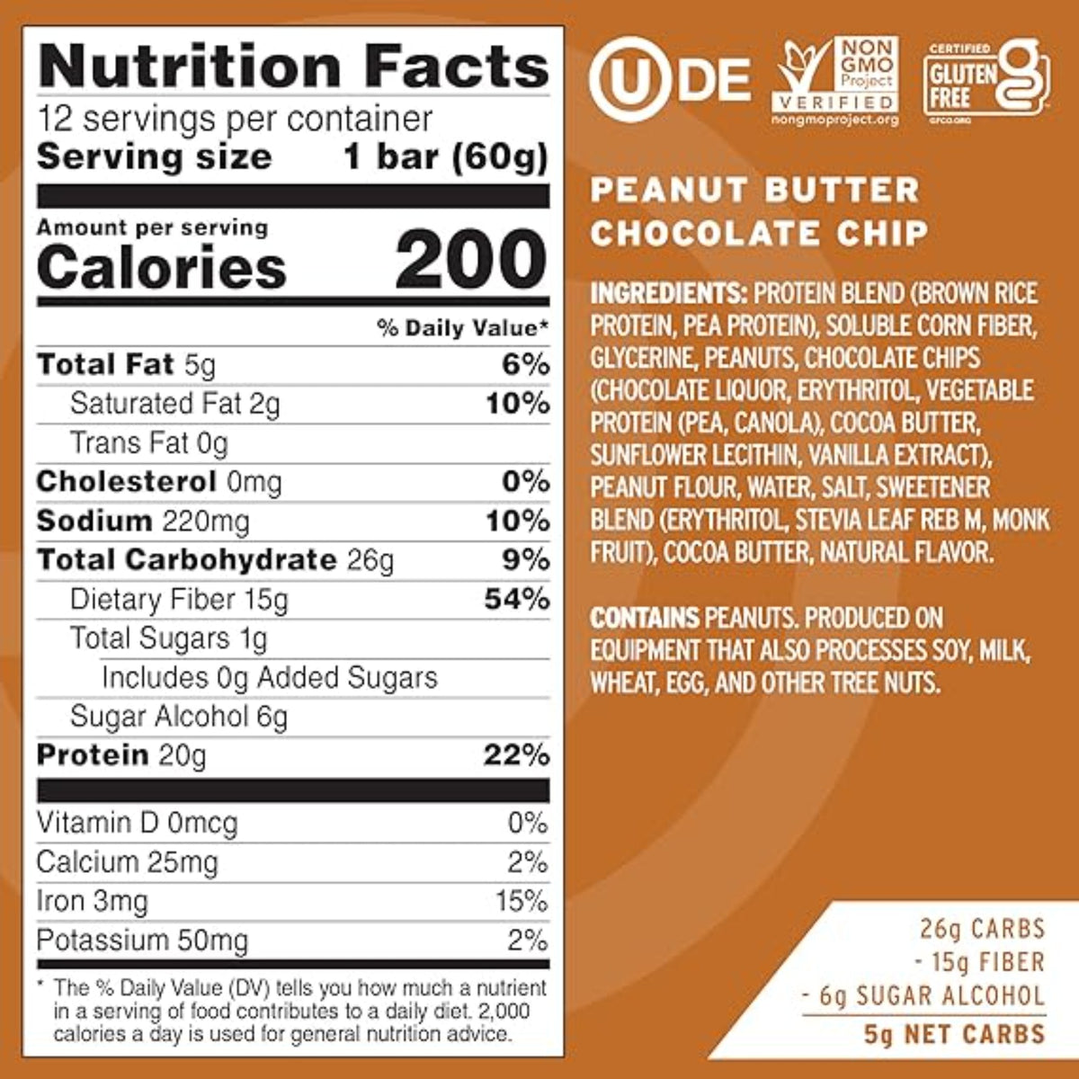 No Cow High Protein Bars, Peanut Butter Chocolate Chip - Healthy Snacks, 20g Vegan Protein, High Fiber, Low Sugar, Dairy & Gluten Free (12 Count)