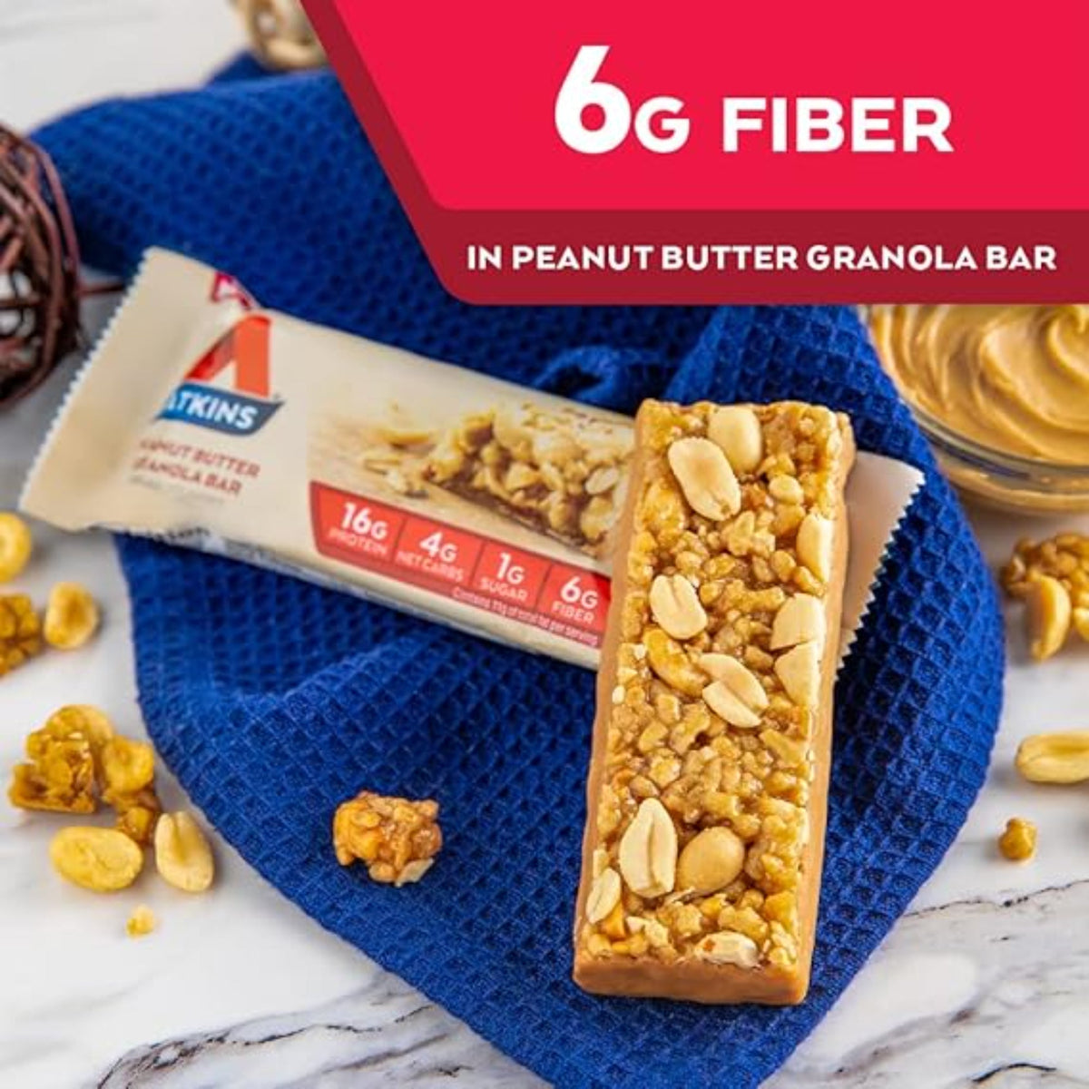 Atkins Peanut Butter Granola High Protein Bar, High Fiber , 16g Protein, 1g Sugar, 4g Net Carb, Keto Friendly, 12 Count