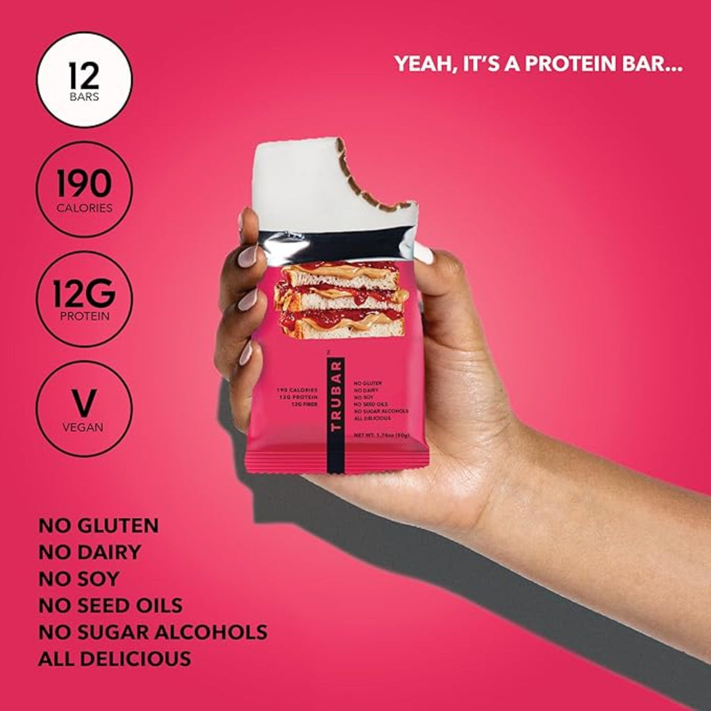 TRUBAR Vegan Protein Bar, Get In My Belly Pb & Jelly, Gluten Free, Plant Based, High Fiber, Dairy Free, Low Fat, Non GMO, No Sugar Alcohols, 12G Lean Protein, 13G Fiber, Healthy Snack Bars, 12 CT