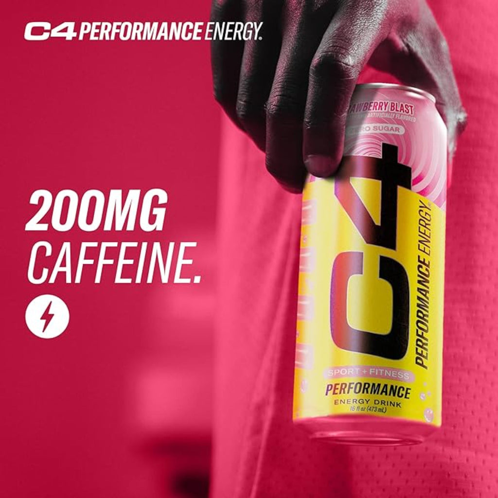 Cellucor C4 Performance Energy Drink | Strawberry Blast | Zero Sugar Carbonated Preworkout Energy | 200mg Caffeine with Beta Alanine | 16 Fl Oz (12 Pack)