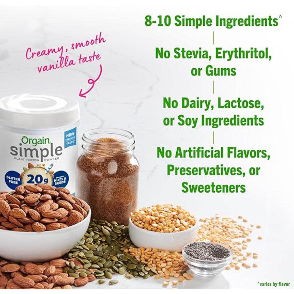 Orgain Organic Simple Vegan Protein Powder, Vanilla - 20g Plant Based Protein, Made with less Ingredients, No Artificial Sweeteners, Gluten Free, No Dairy or Lactose, 1.25 lb (Packaging May Vary)